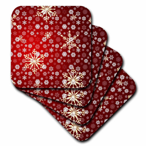 Red and white Christmas snowflake coasters with gold accents, stacked set