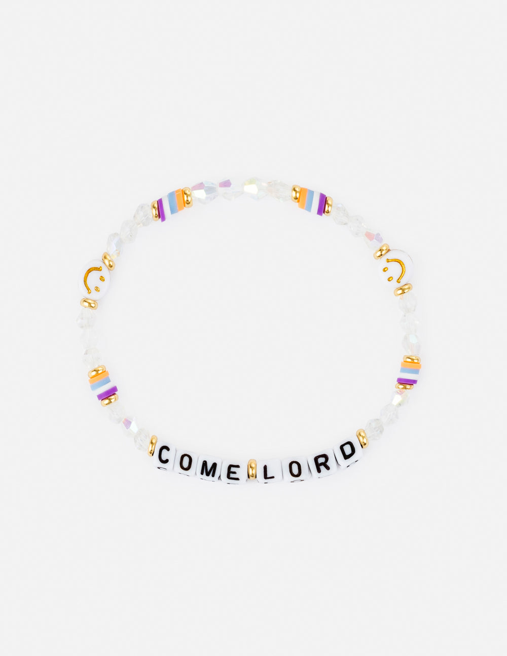 Letter beaded bracelet with white beads and gold, purple, and multicolor letter charms