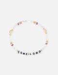 Letter beaded bracelet with white beads and gold, purple, and multicolor letter charms
