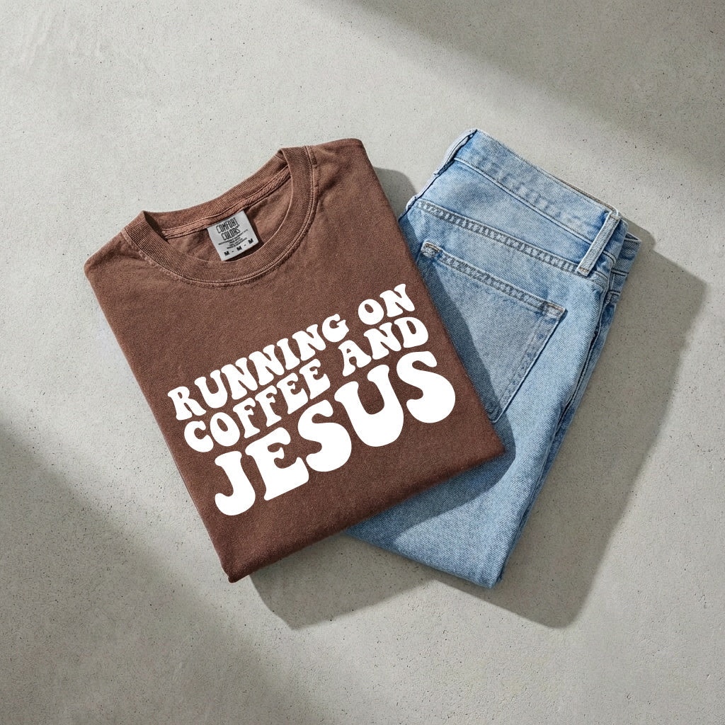 Espresso Christian graphic t-shirt with Running on Coffee and Jesus slogan