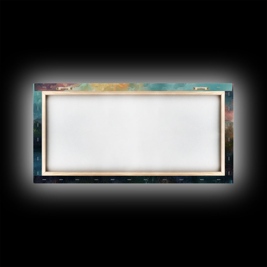 Back view of framed canvas for Christian cross landscape wall art, blank center