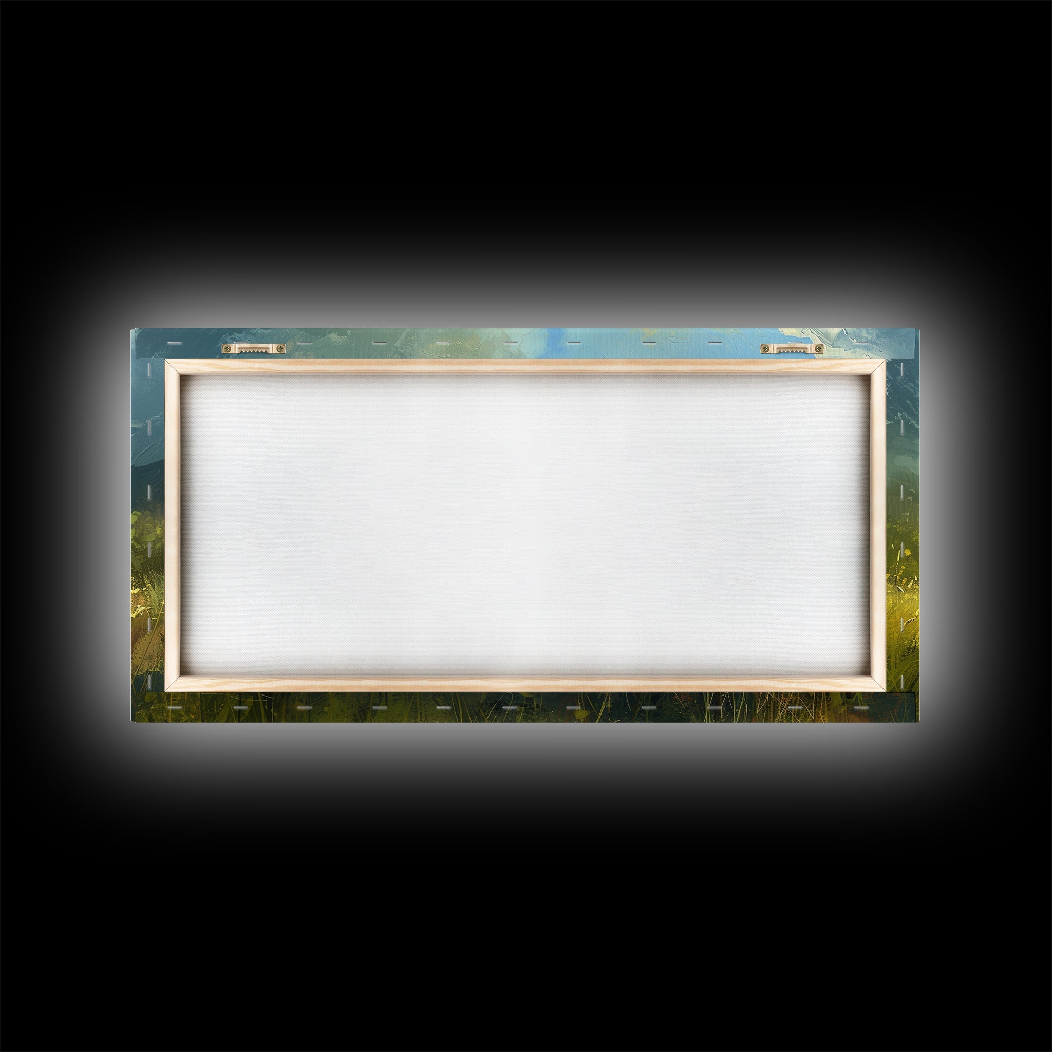 Framed canvas print back with blank center opening and painted landscape edges