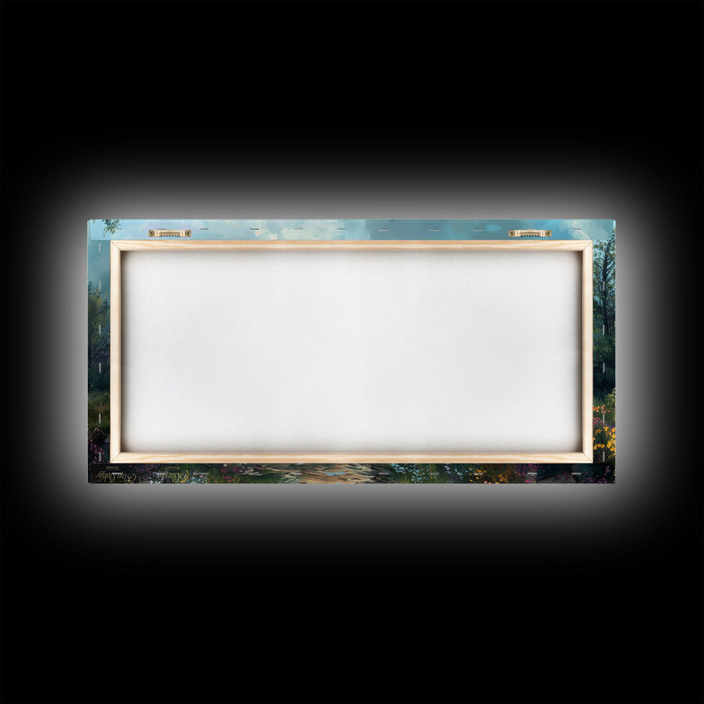 Empty framed canvas print with landscape border and blue sky tones