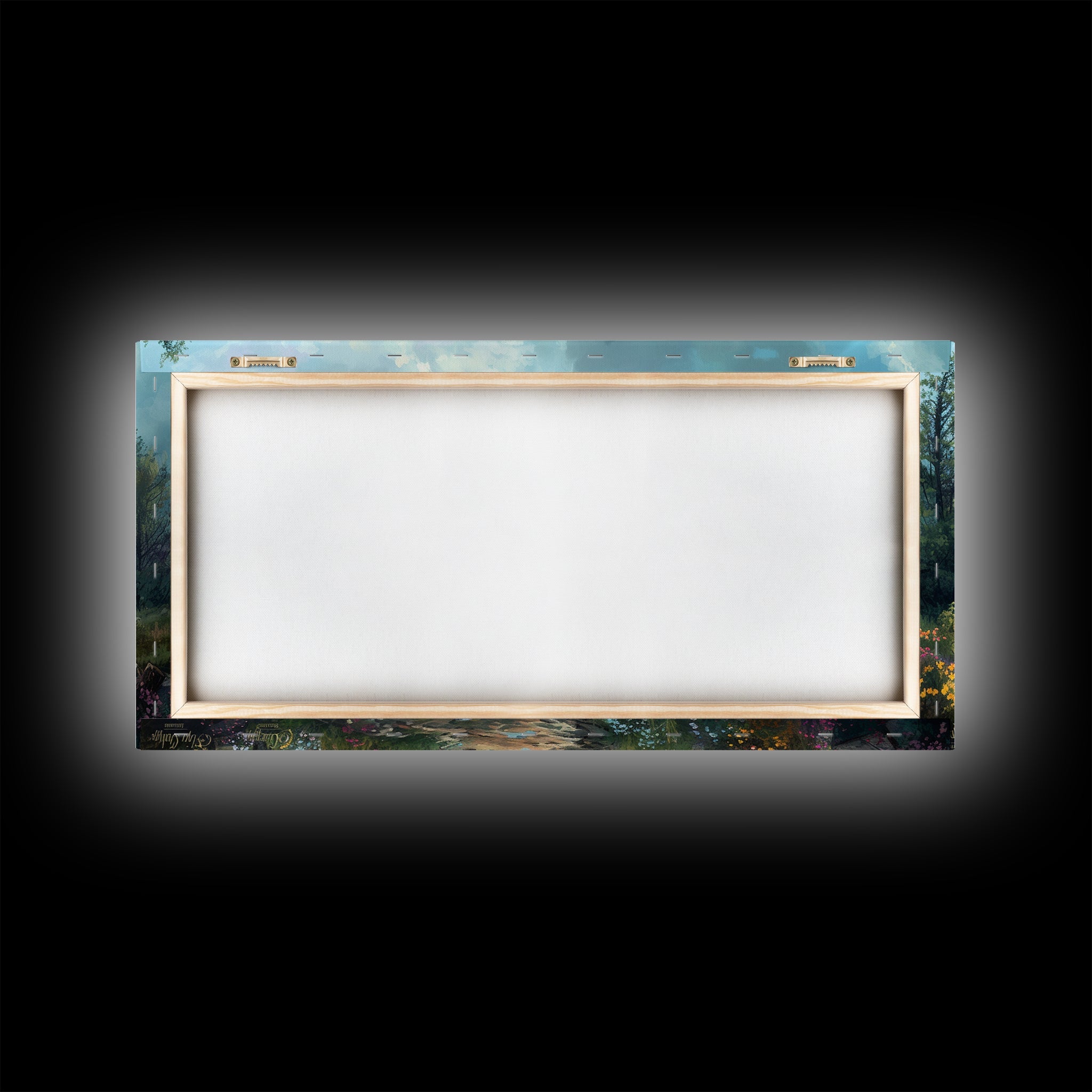Empty framed canvas print with landscape border and blue sky tones