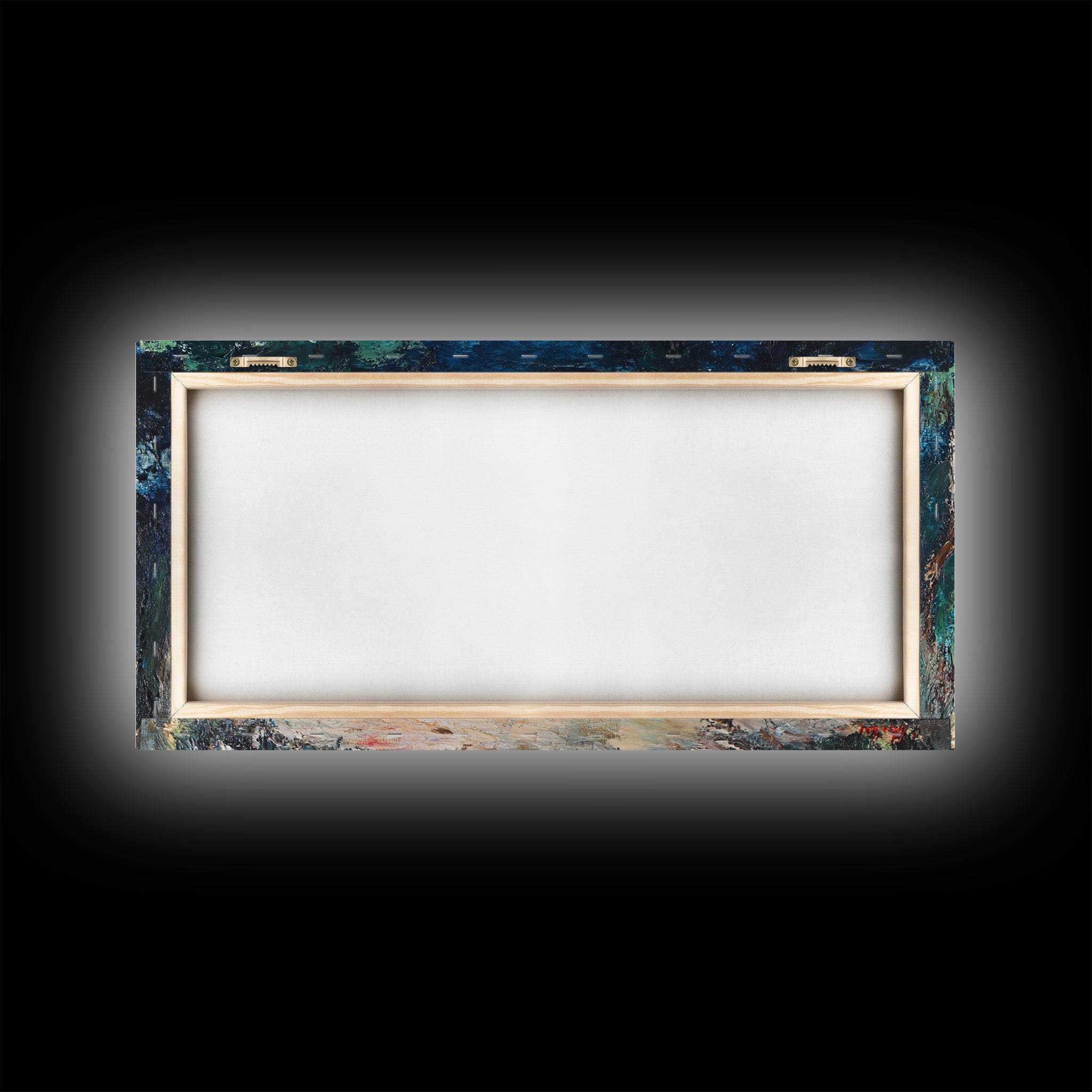 Framed blank canvas backing with visible border and corner hardware