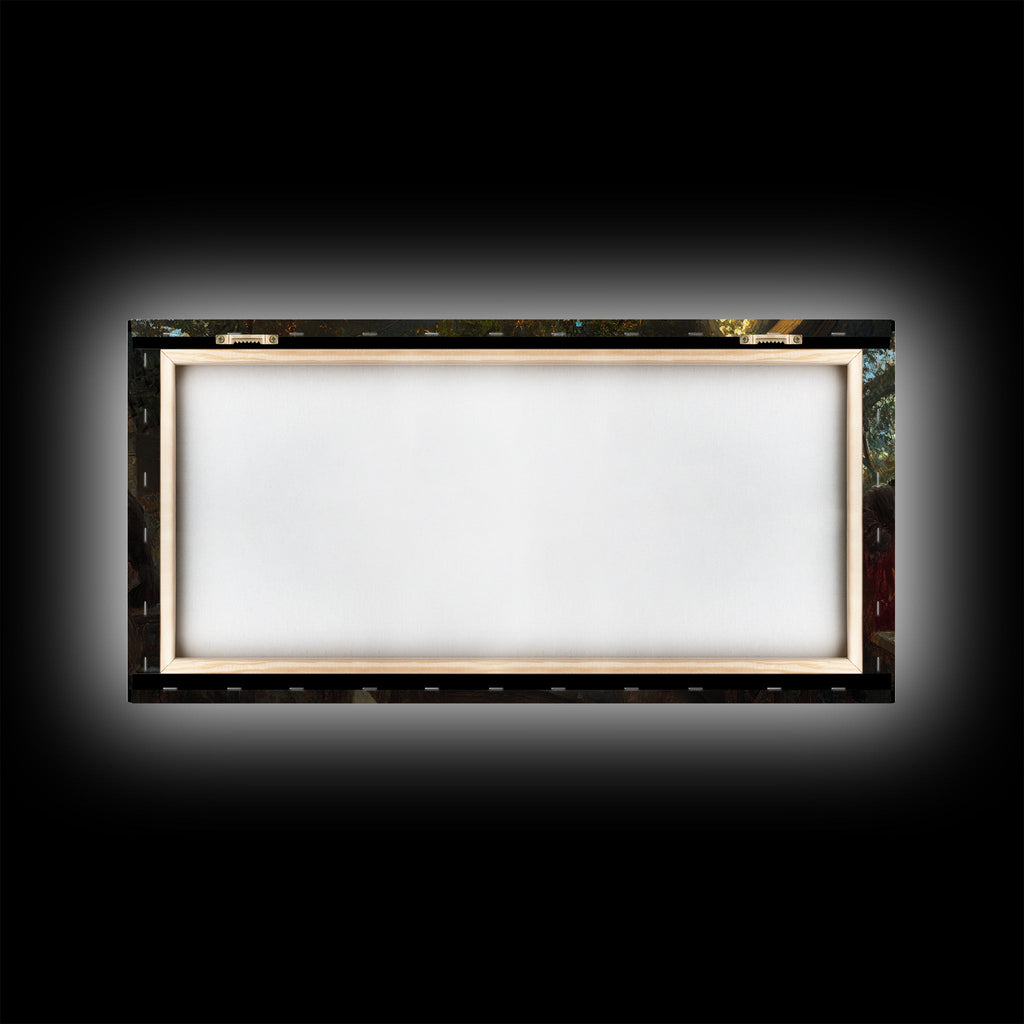 Unprinted backing of framed canvas print, back view with wood frame
