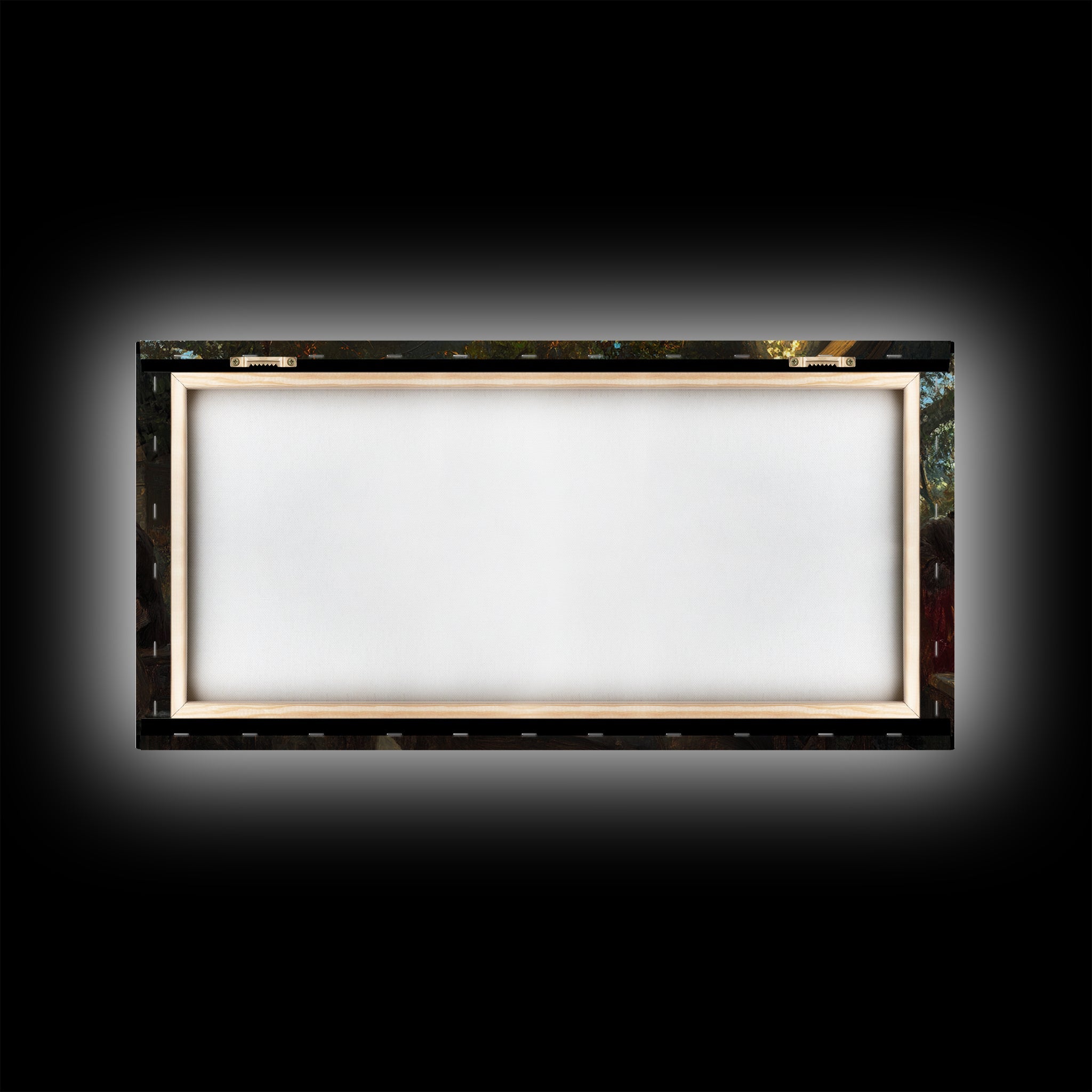 Unprinted backing of framed canvas print, back view with wood frame