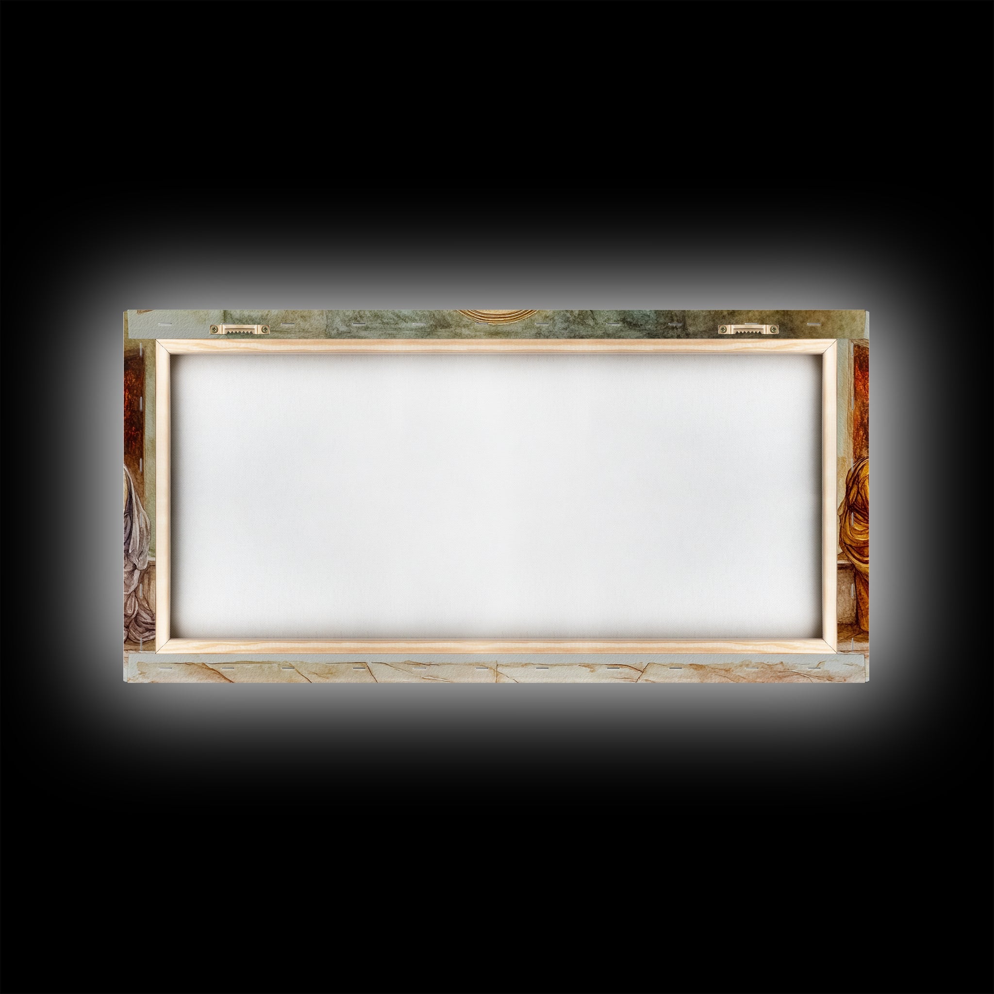 Framed canvas print backing with blank center and visible corner hanging hardware