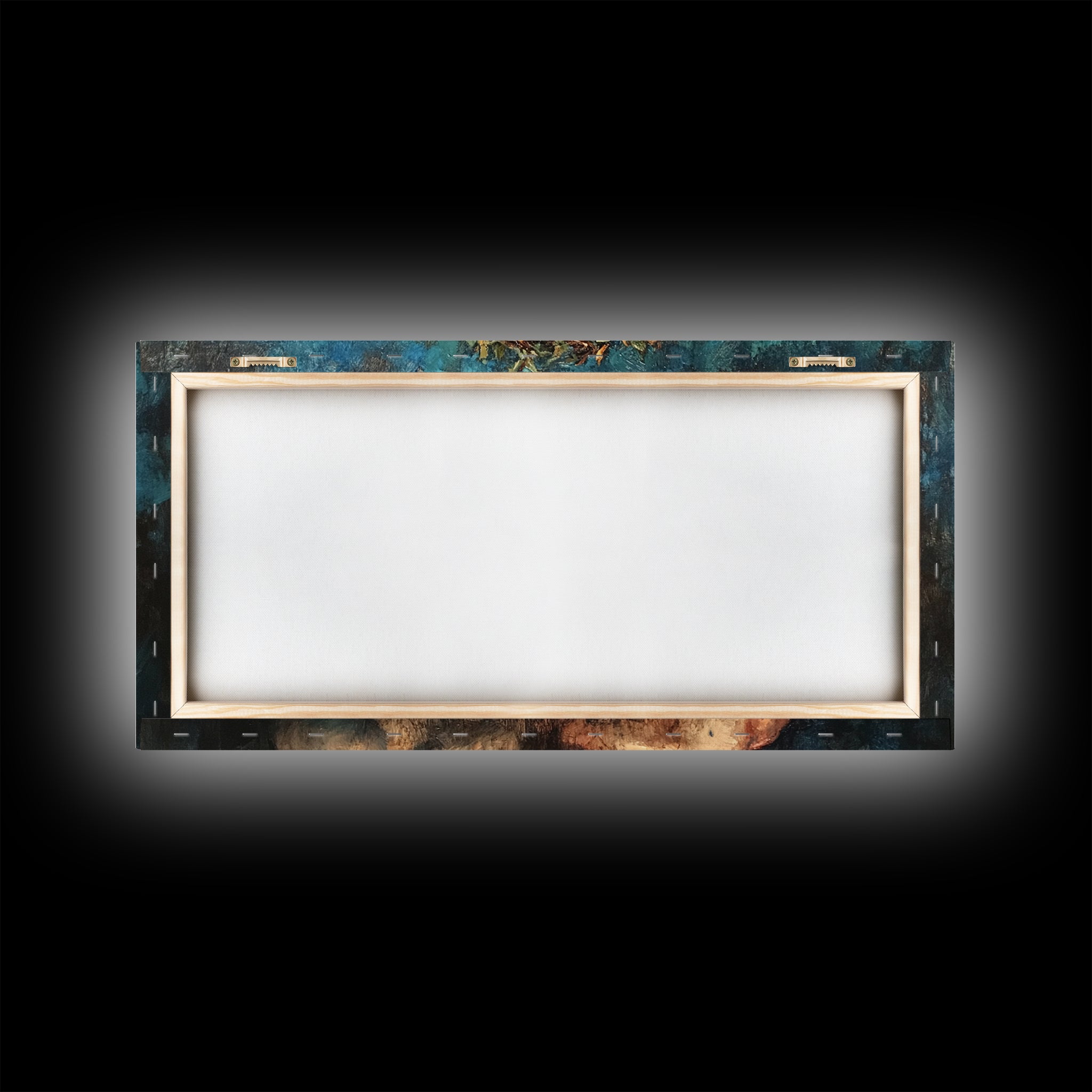 Canvas stretcher frame backing with corner hardware for wall art