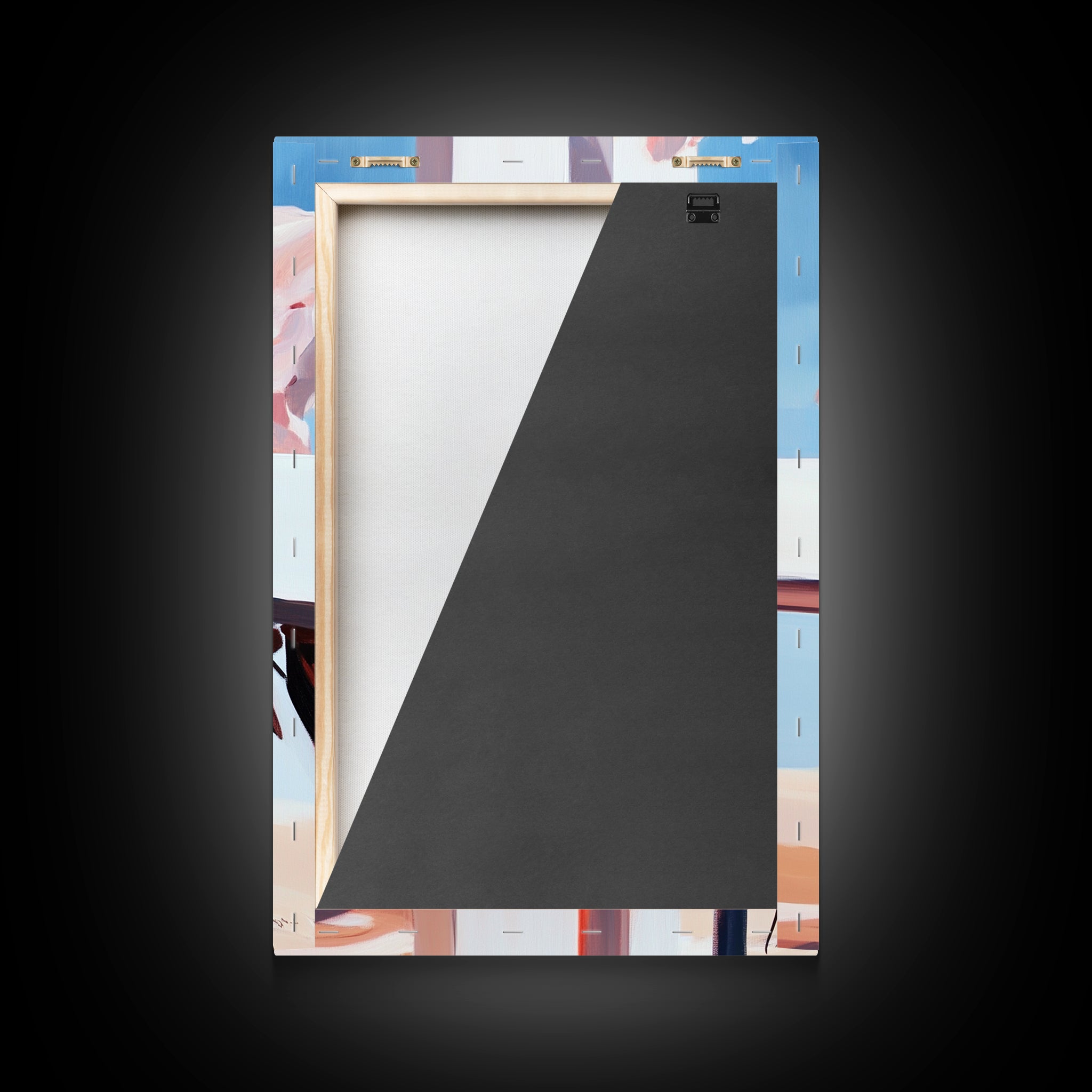 Back of canvas print with hanging hardware, blue backing and diagonal panel