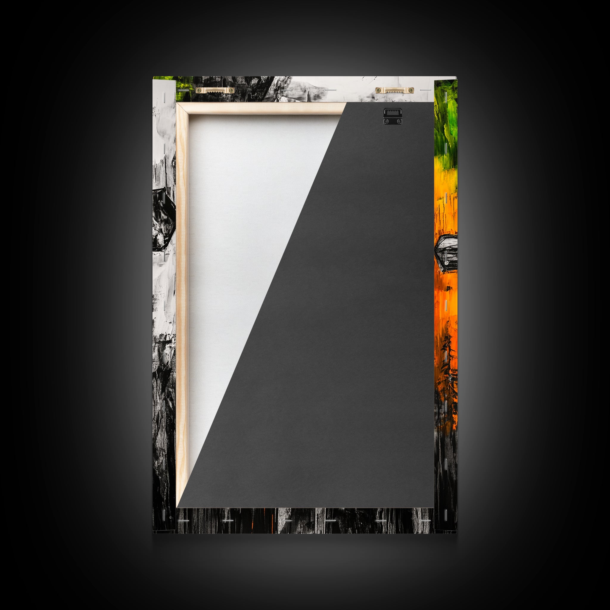 Canvas print backing for cross wall art with white surface and black interior panel view