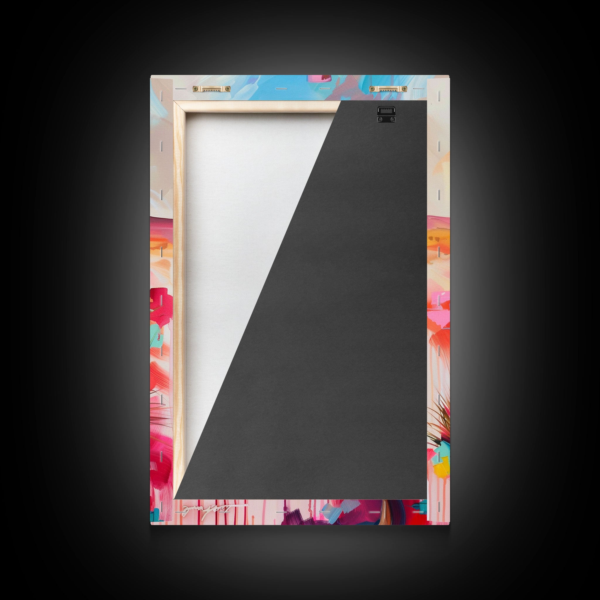 Canvas print back with mounting hardware and exposed canvas edges