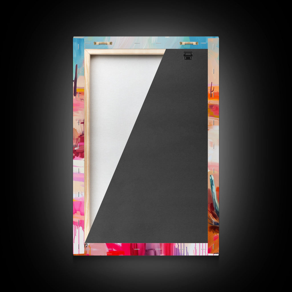 Framed canvas print back panel with hardware and dark backing, angled view