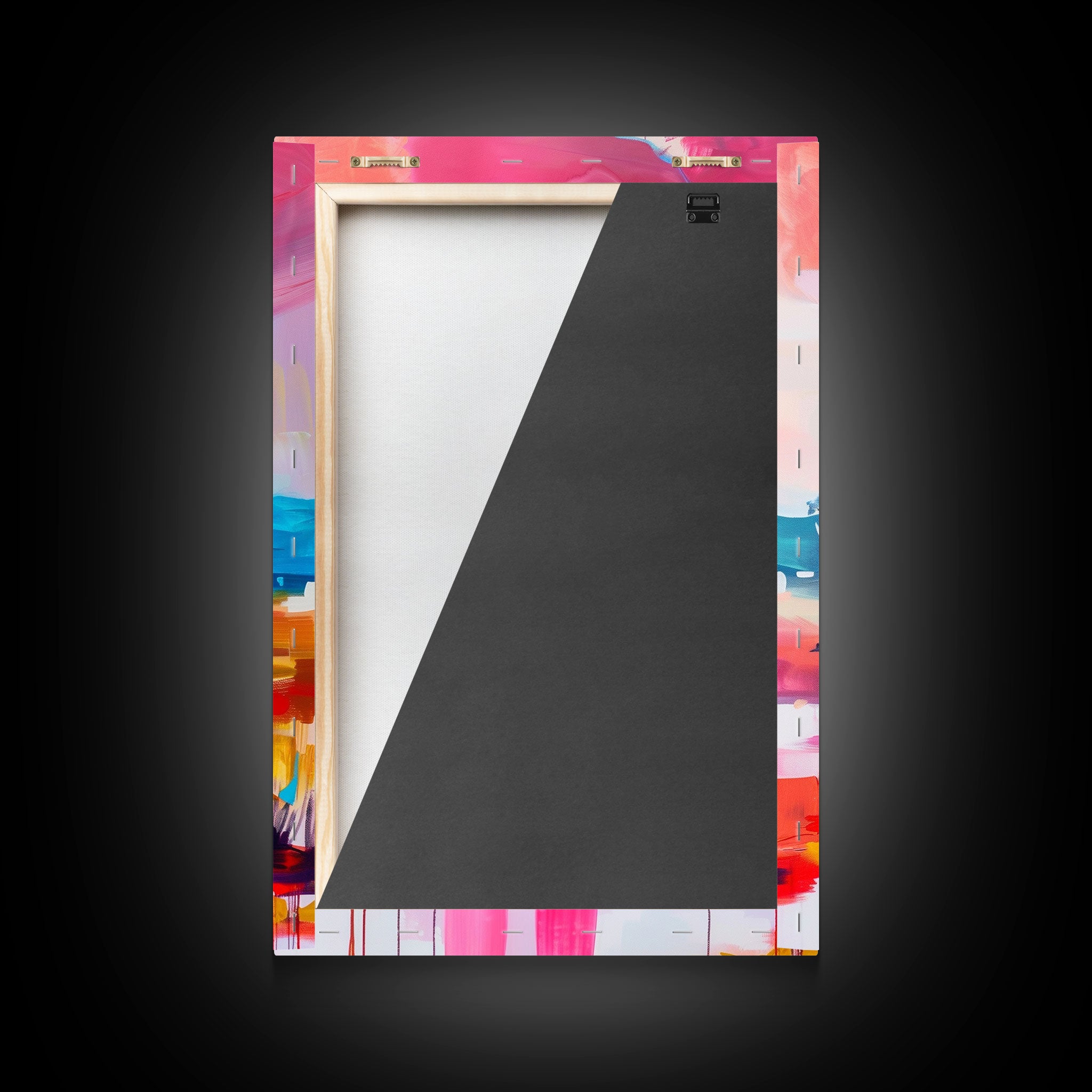 Framed canvas print back corner detail with hanging hardware and colorful edge