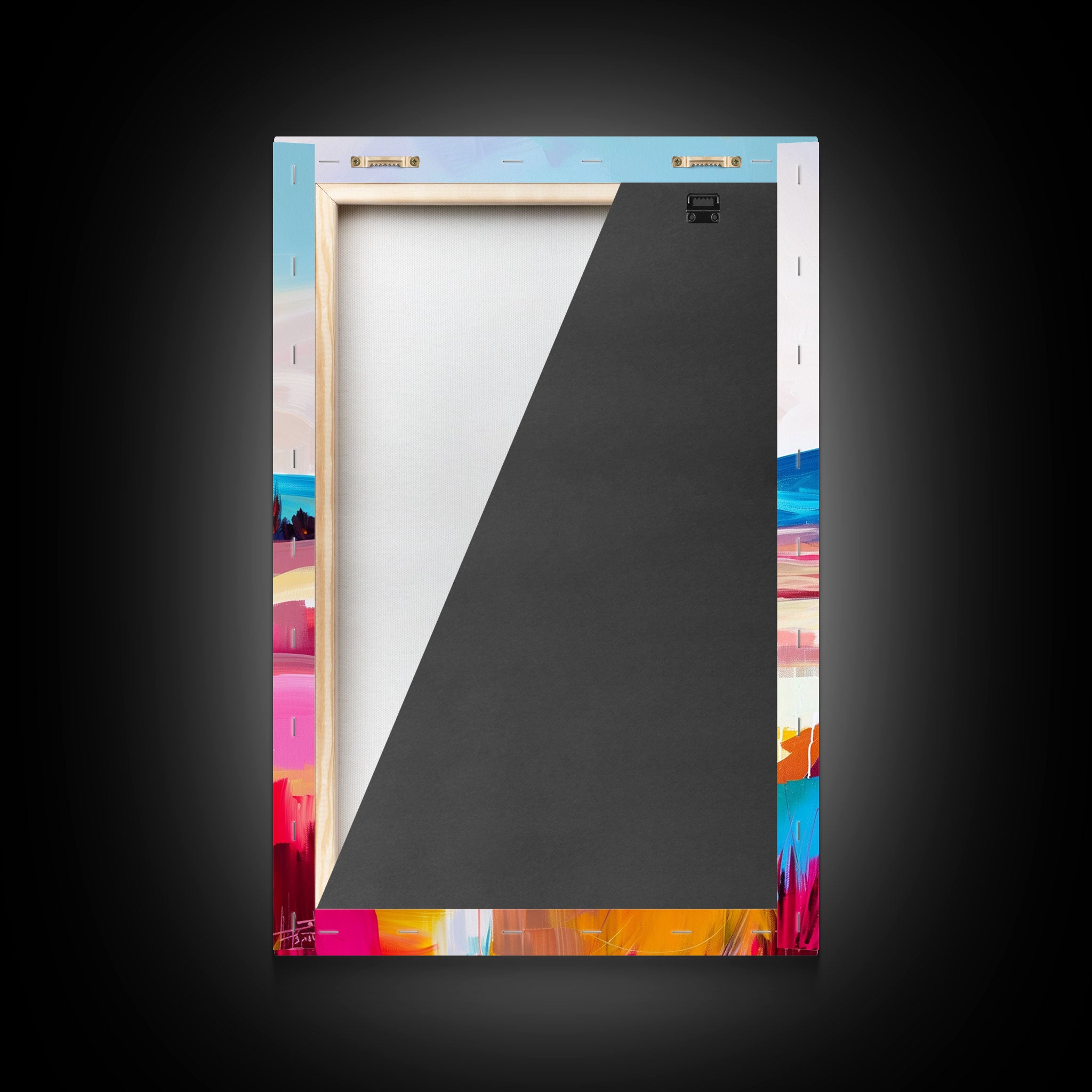 Canvas print backing with corner fasteners and mounting hardware