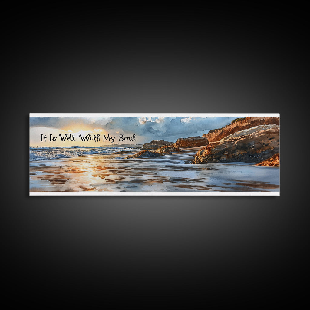 Framed coastal beach wall art canvas with scripture text, ocean waves, and rocky shoreline