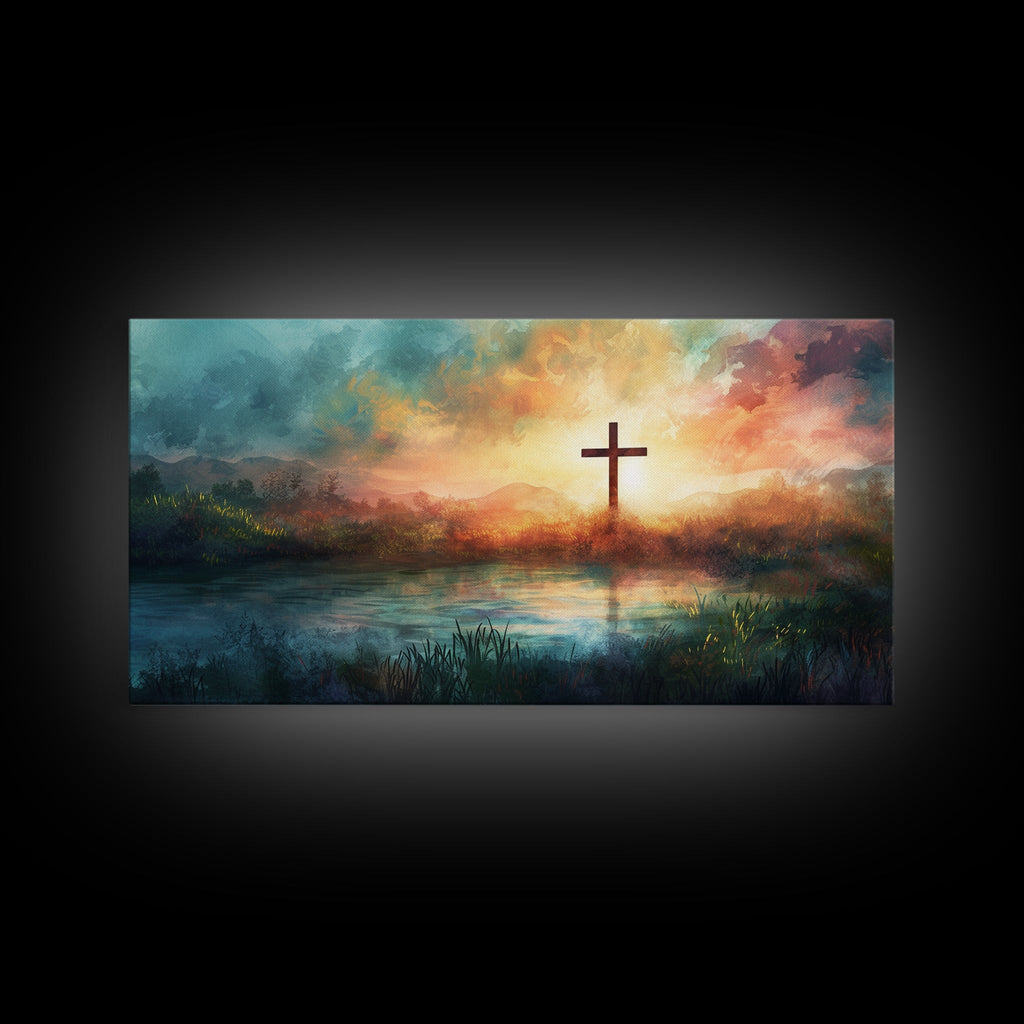 Landscape canvas wall art with cross silhouette over sunset sky and calm water