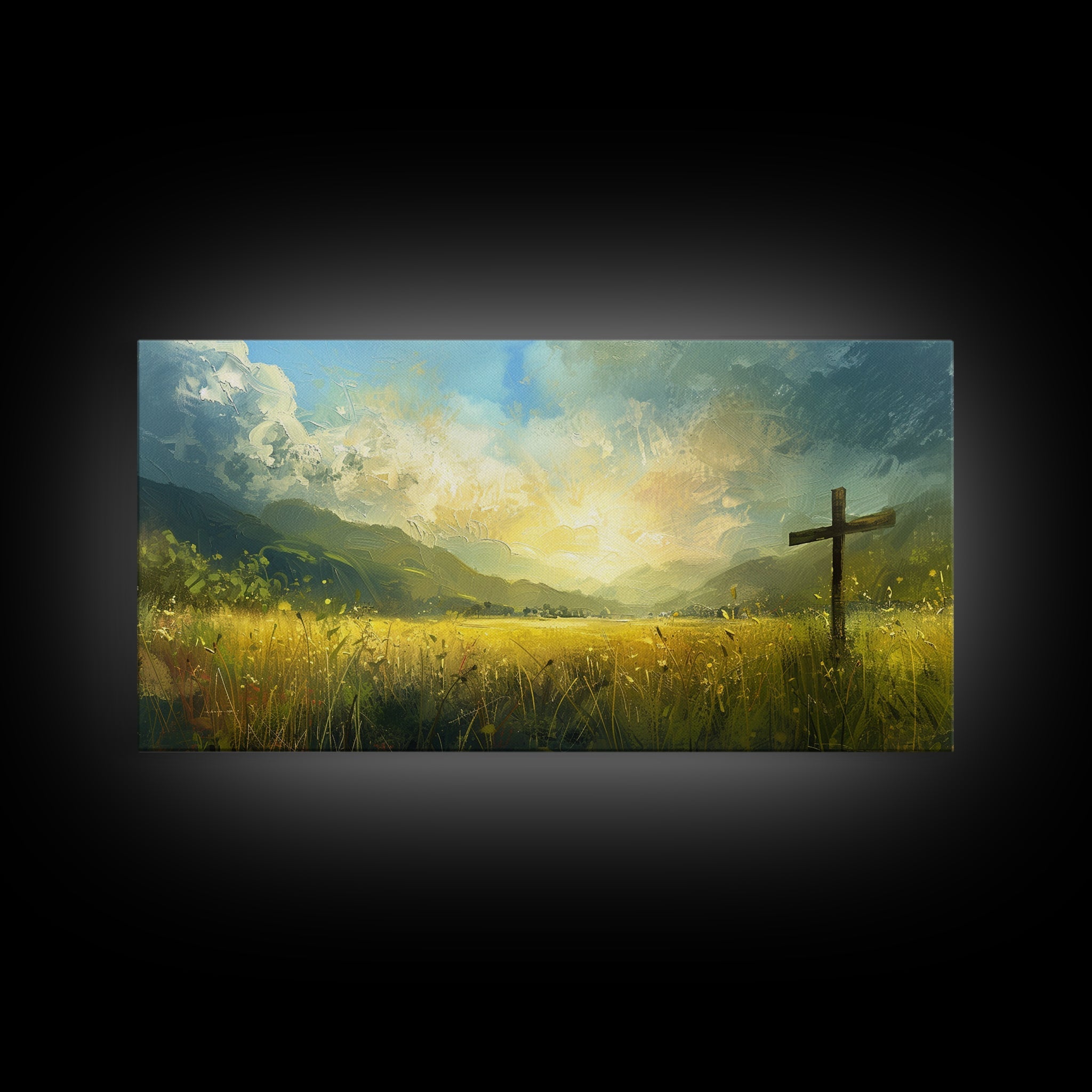 Framed canvas print of a cross in a sunlit field under bright, cloud-filled light