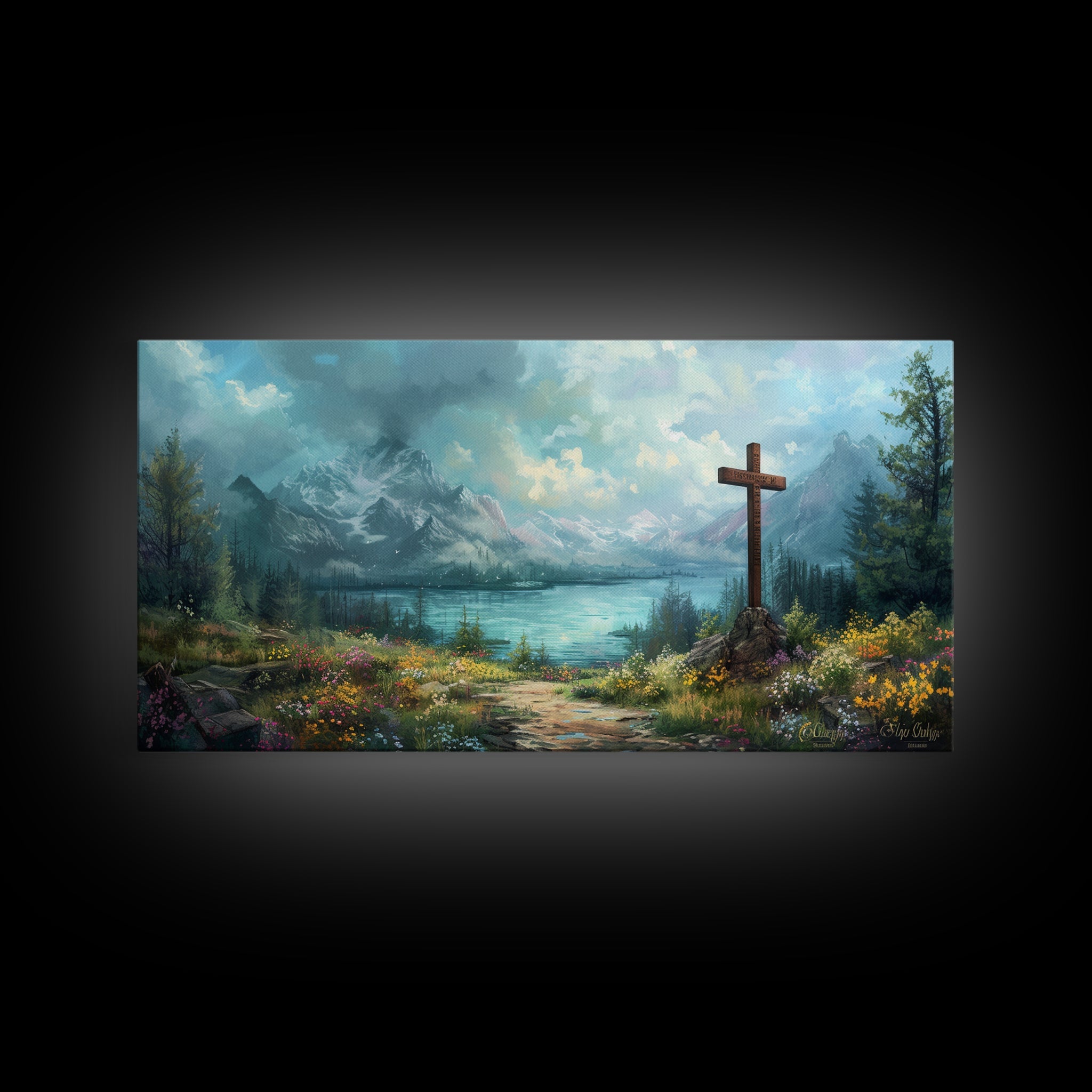 Framed canvas print of mountain lake landscape with wooden cross and forest trees