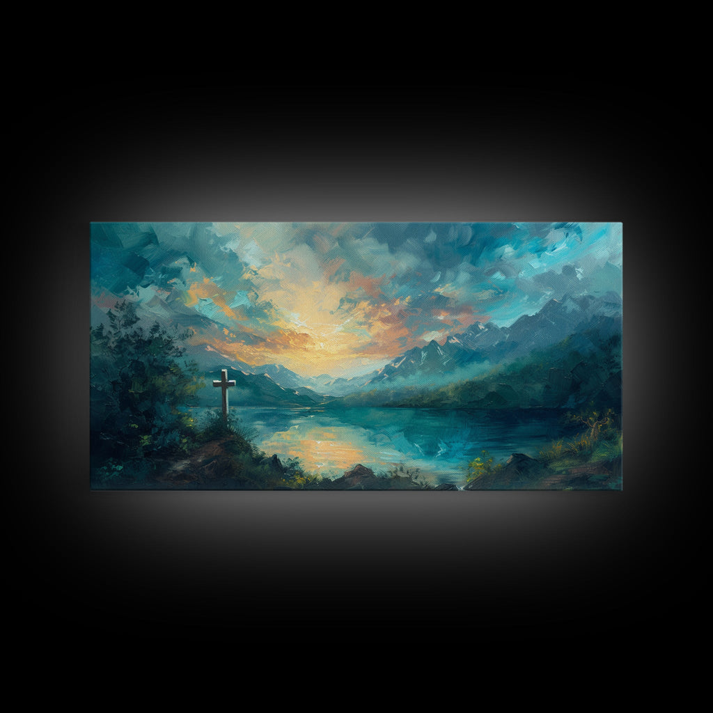 Cross and landscape framed canvas wall art with teal sky and golden glow