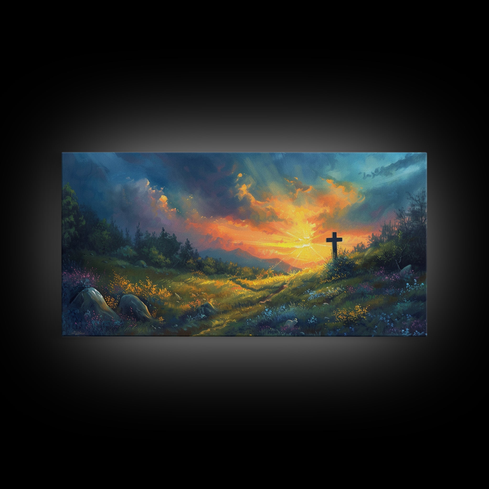 Small framed Christian landscape canvas with a dark cross over a bright sunset scene