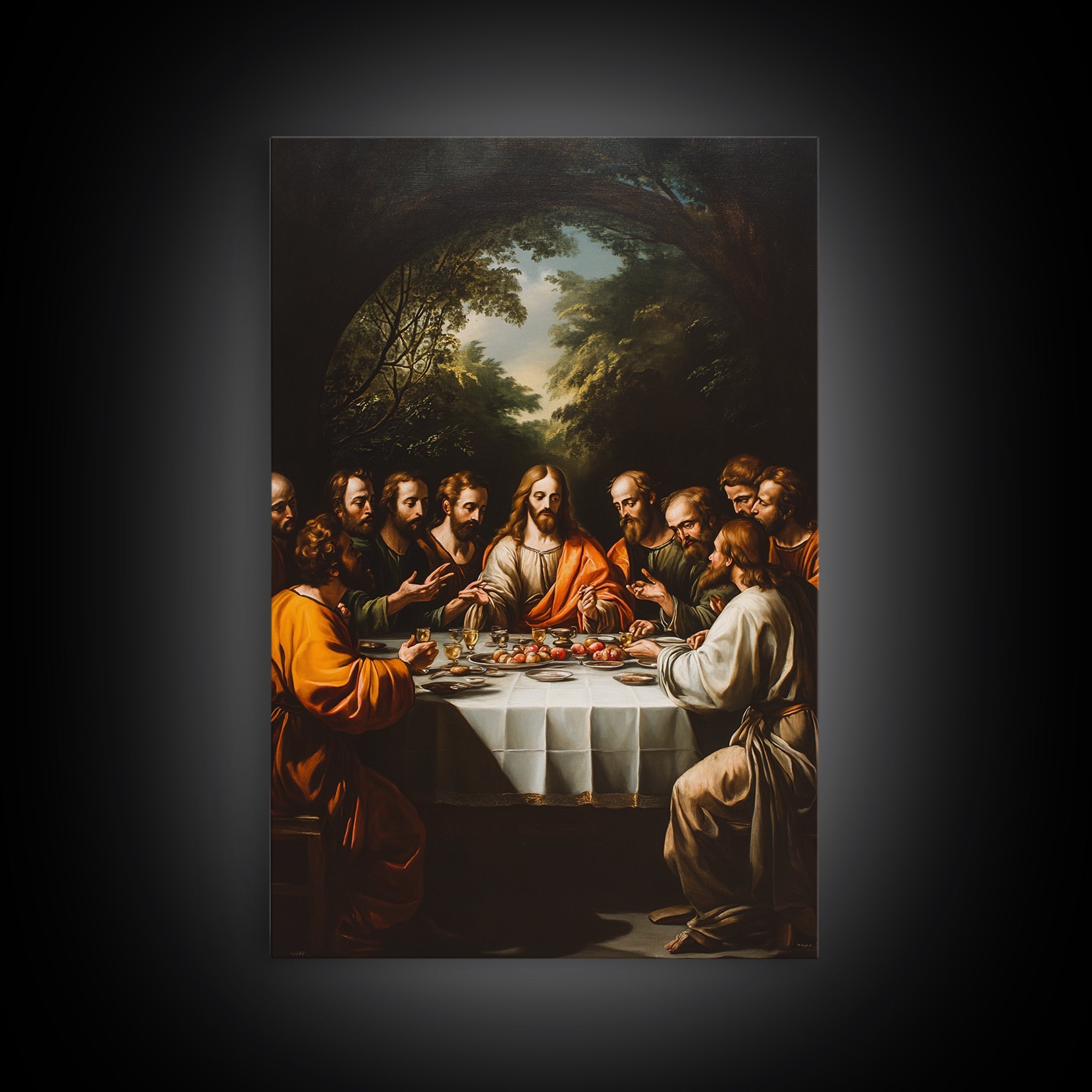 Framed canvas wall art of the Last Supper scene with figures around a banquet table