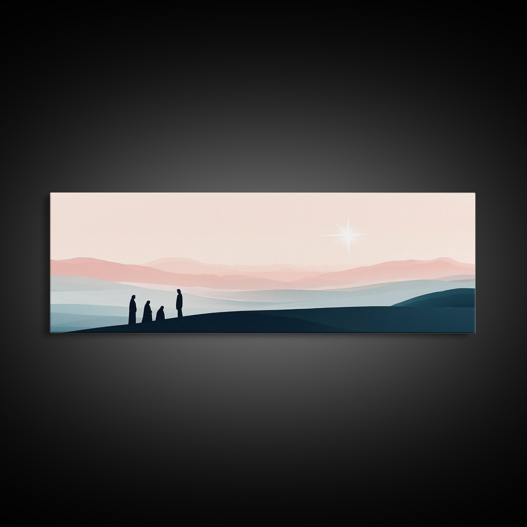 Landscape canvas print with silhouetted figures on the horizon and a glowing star in pink sky