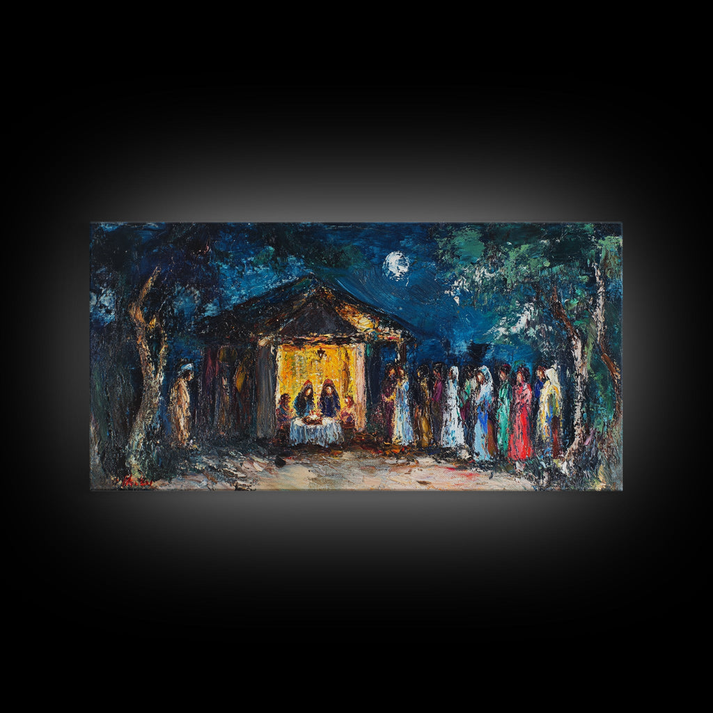 Framed nativity canvas print with blue night sky, yellow house, and colorful figures