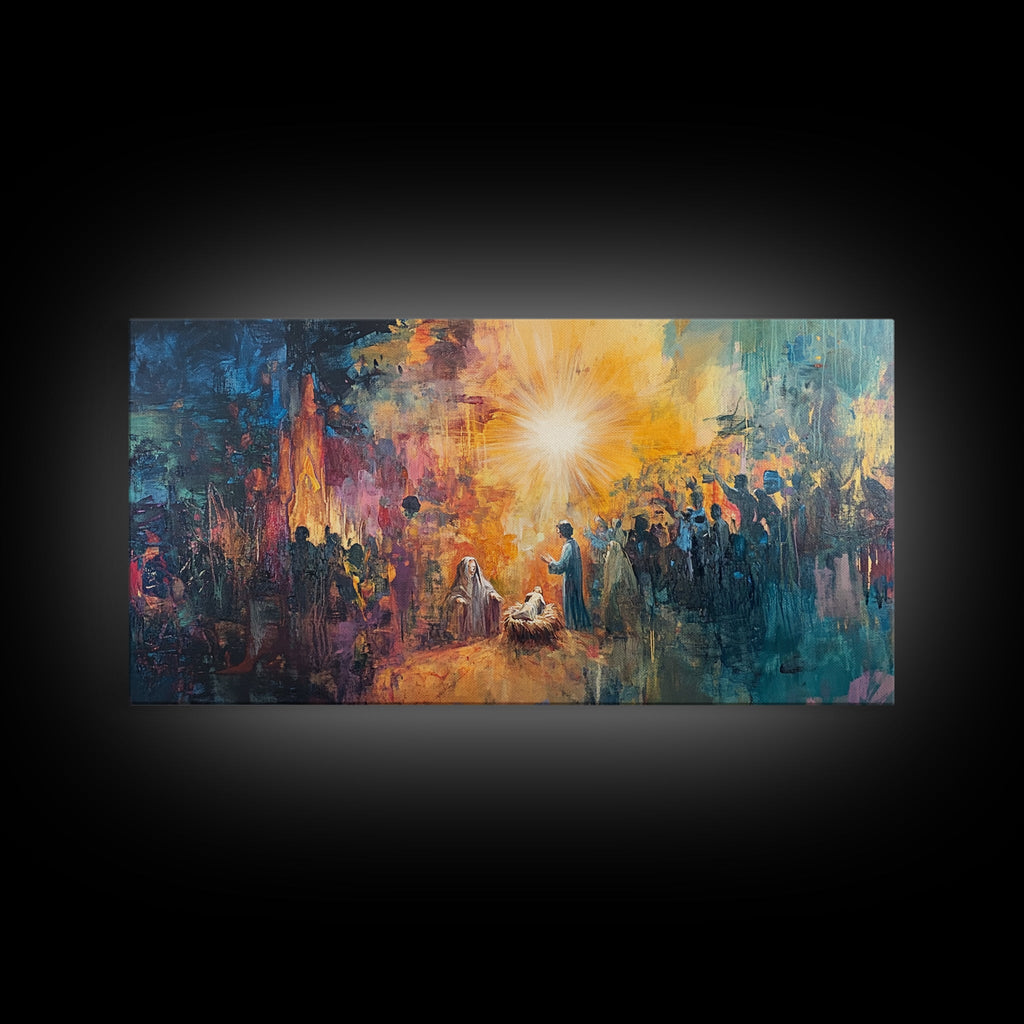 Nativity canvas print with glowing star, central figures, and painterly crowd scene