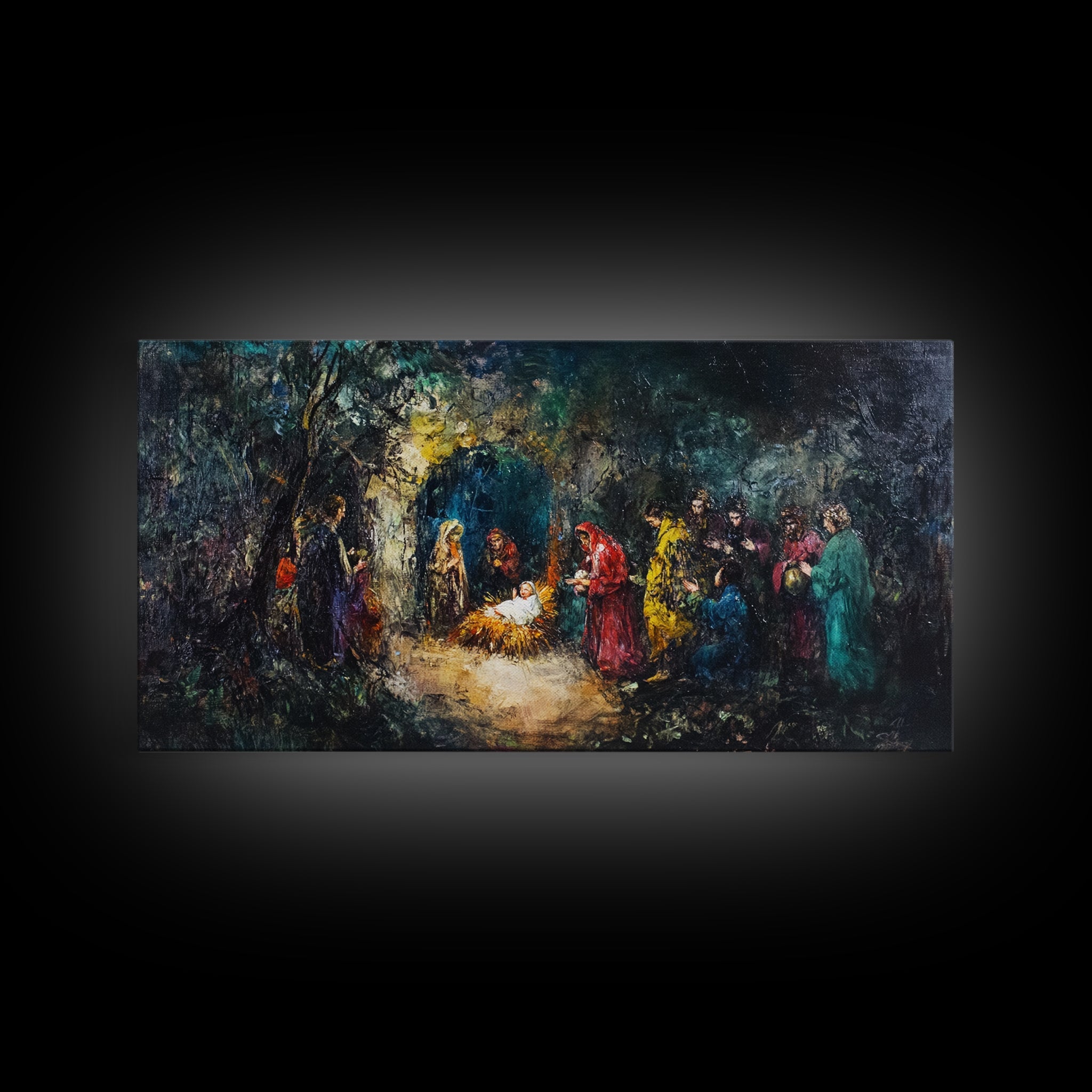 Framed abstract nativity wall art with colorful figures and warm glowing center on dark canvas
