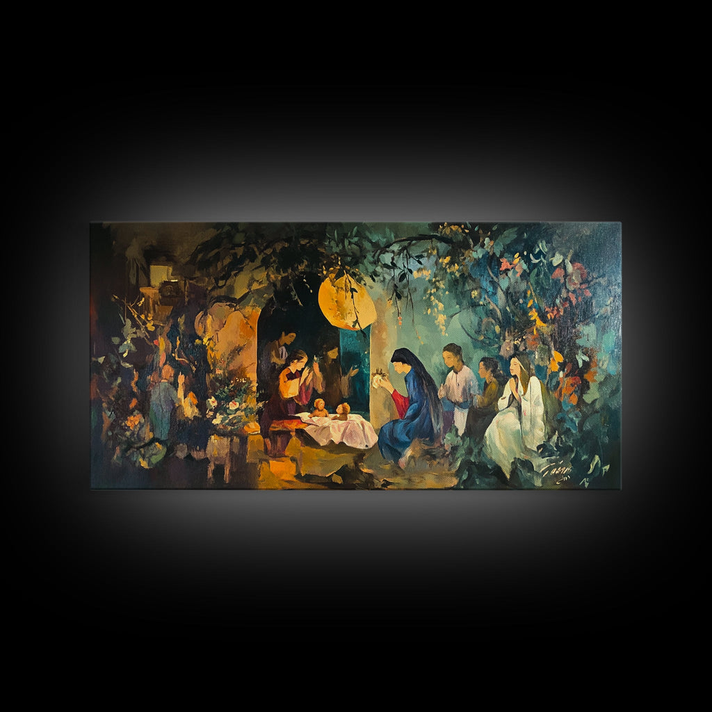 Nativity canvas wall art with manger, Mary and Joseph, and glowing lantern light