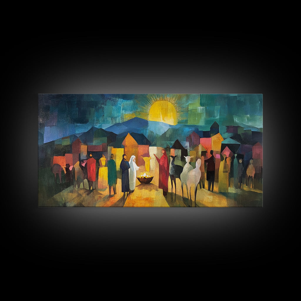 Nativity scene art print with village crowd, glowing sun, and lit candle in center