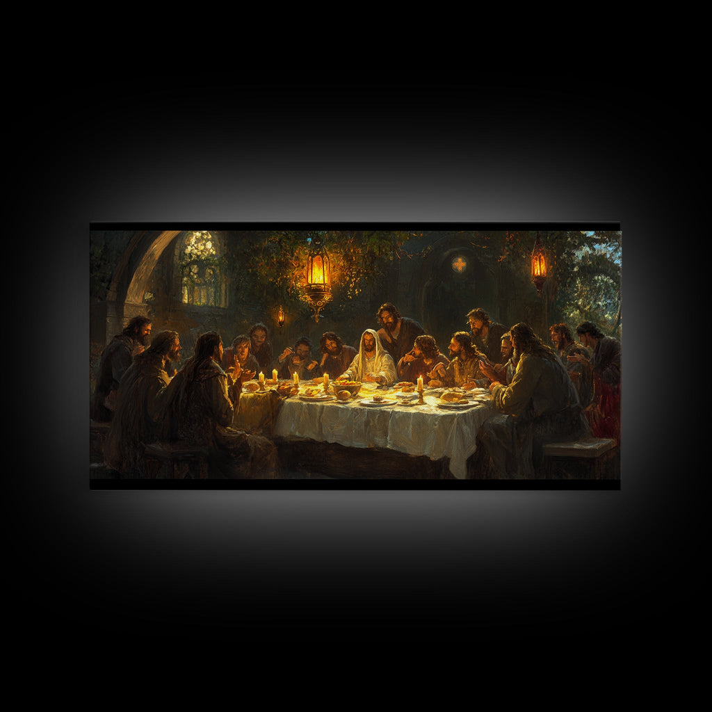 Framed canvas print of The Last Supper, black frame, candlelit diners around table