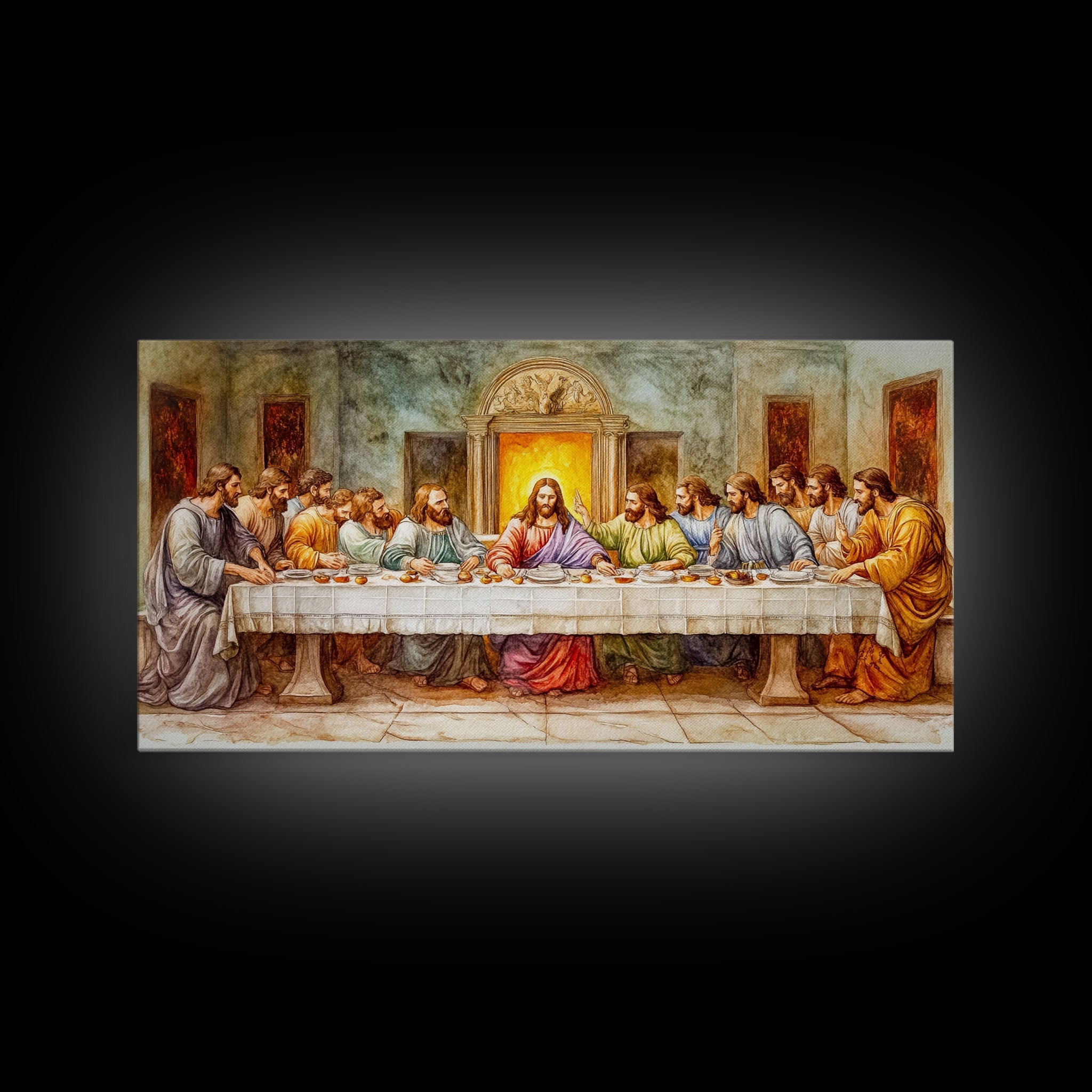 Framed canvas print of The Last Supper with Jesus seated at the table center
