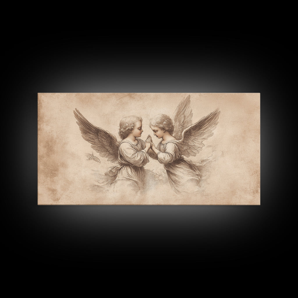 Angel wall art canvas print with two cherubs and wings, beige sketch style, light frame