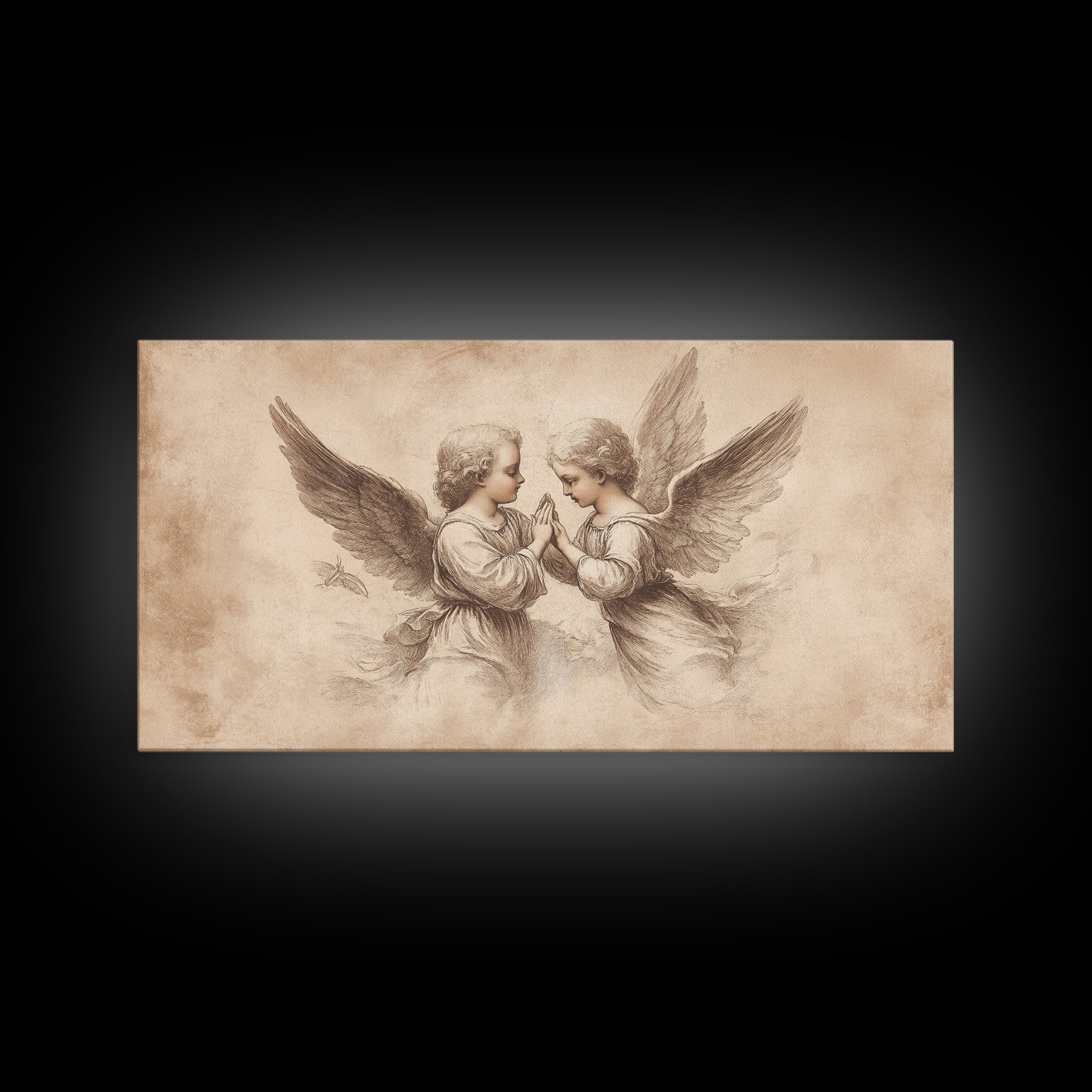 Angel wall art canvas print with two cherubs and wings, beige sketch style, light frame