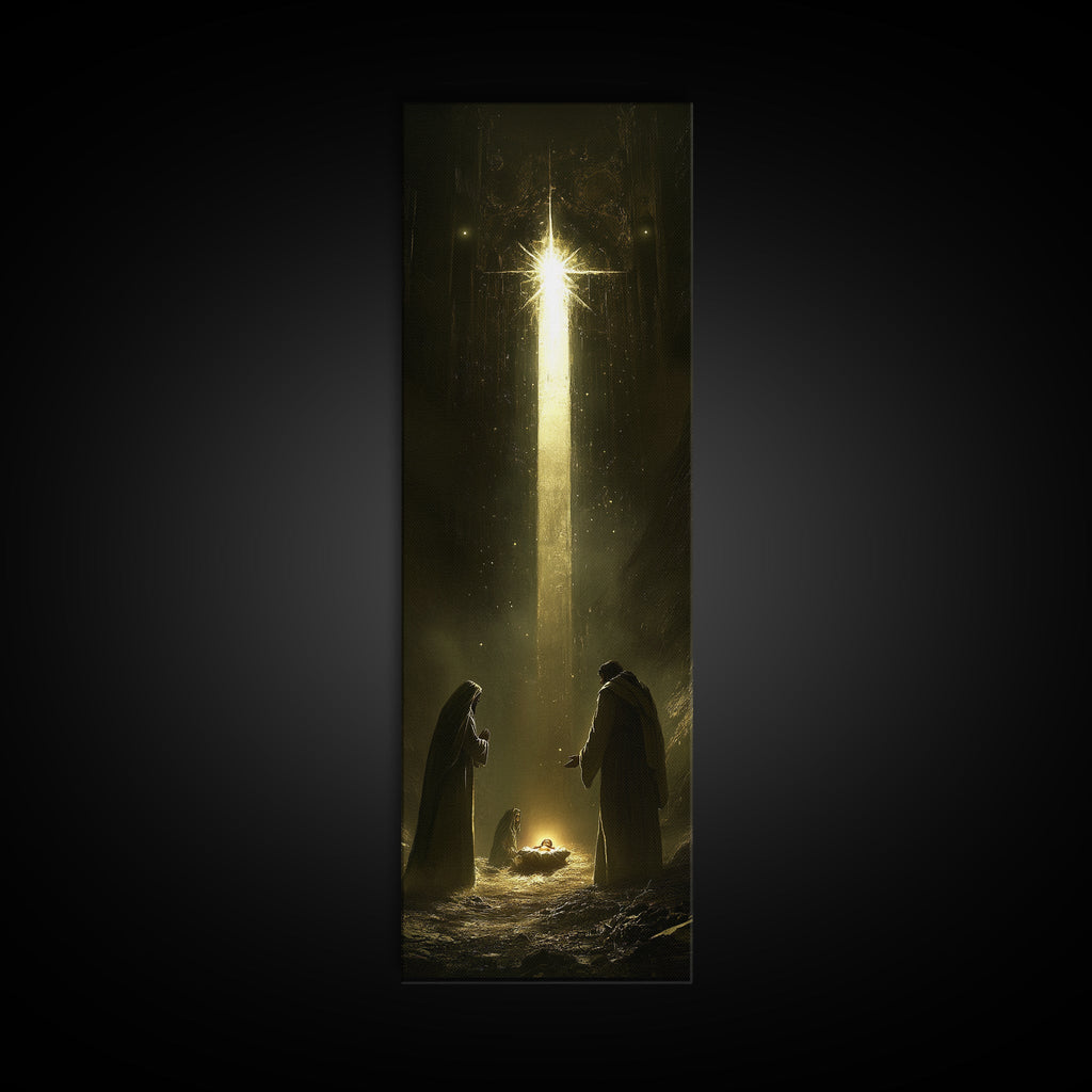 Tall narrow framed nativity scene with glowing cross and silhouettes