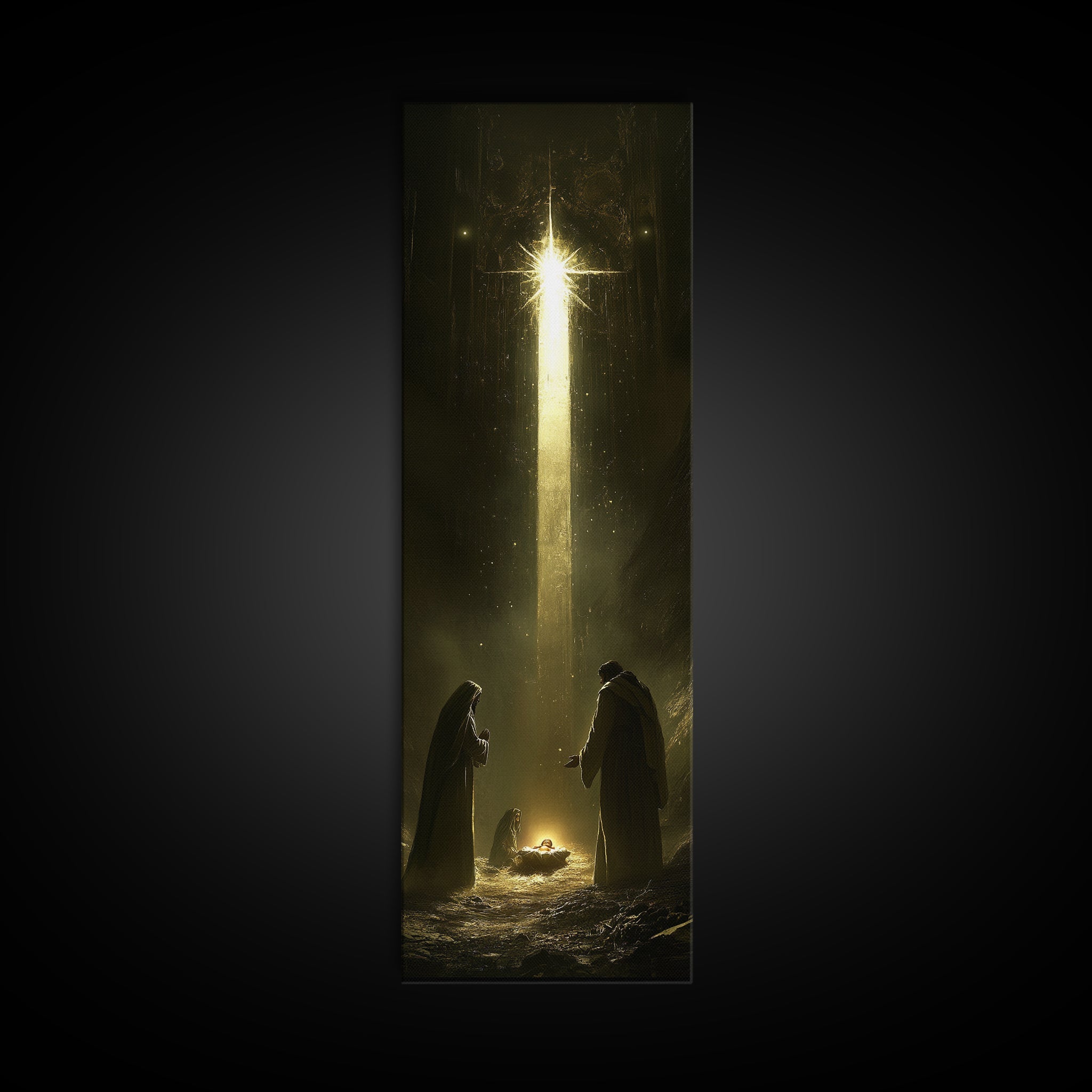 Tall narrow framed nativity scene with glowing cross and silhouettes