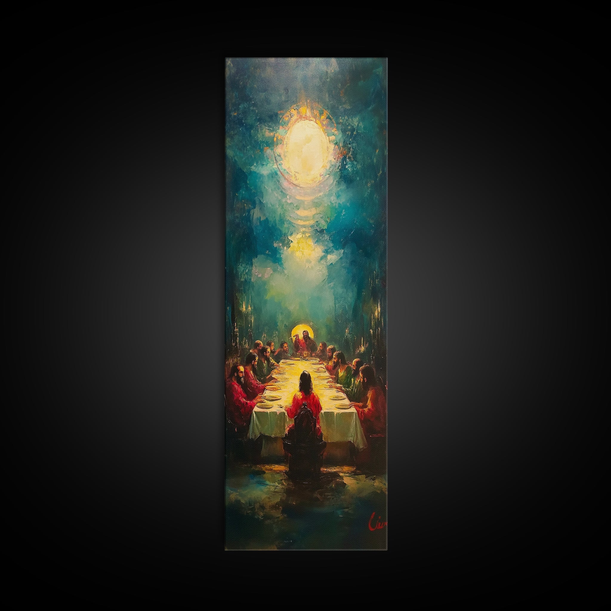 Framed Last Supper wall canvas print with Christ halo and apostles at a table
