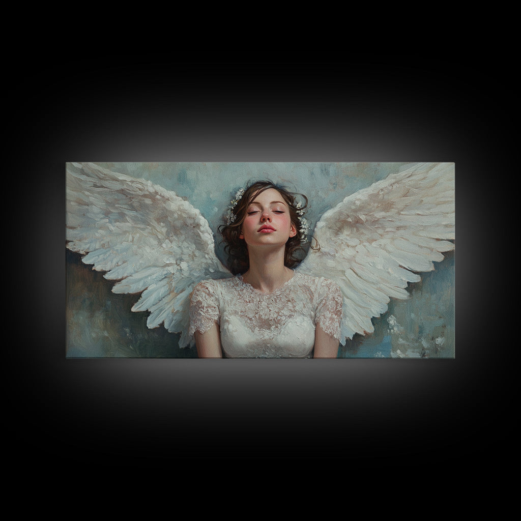 Framed angel portrait canvas with woman and white wings over blue background