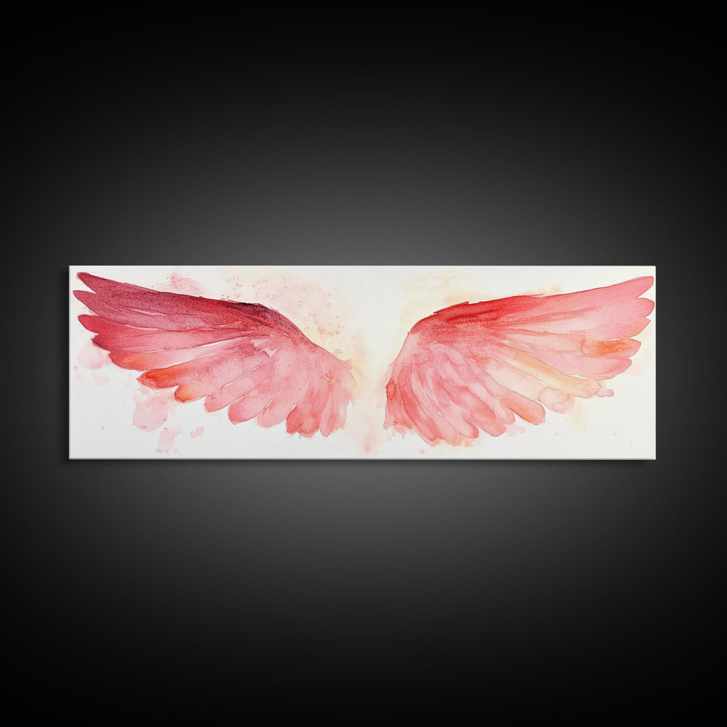 Angel wings canvas print with pink watercolor wings and thin white border