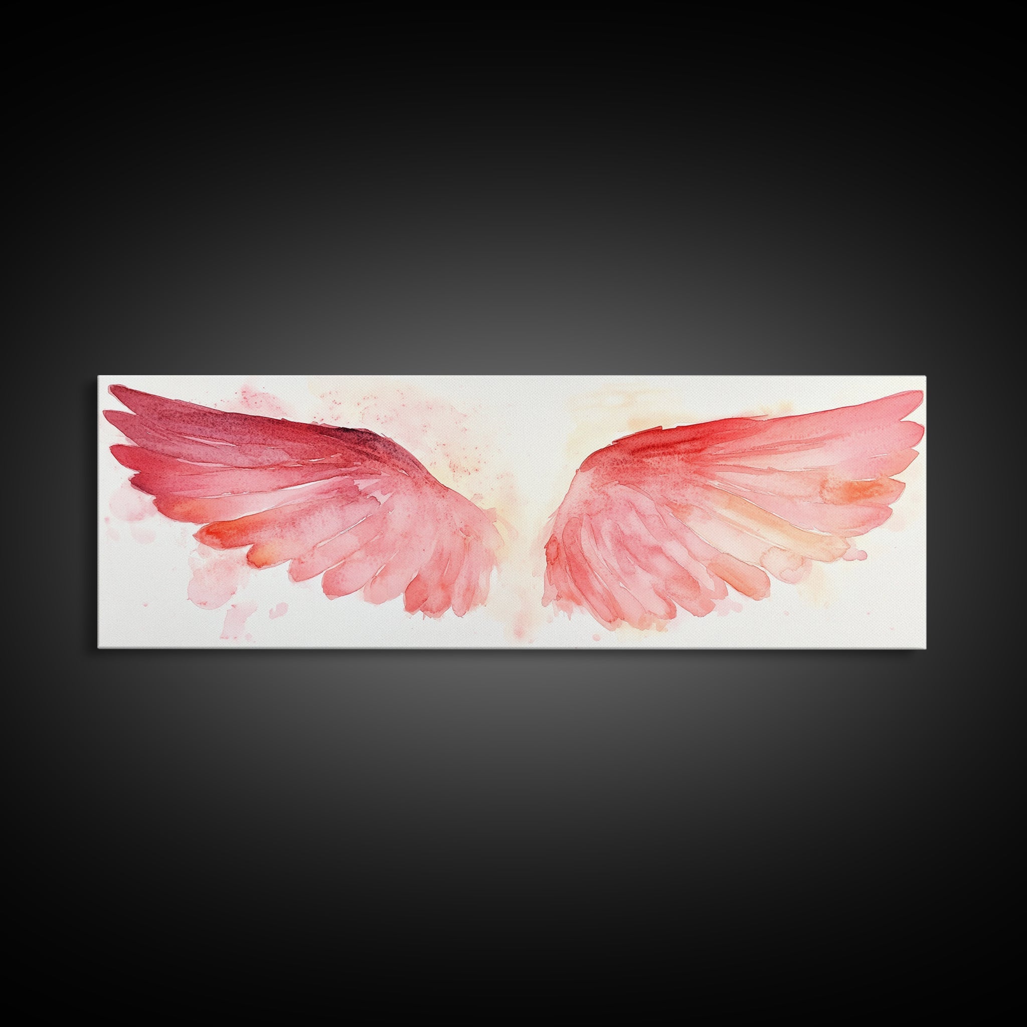 Angel wings canvas print with pink watercolor wings and thin white border