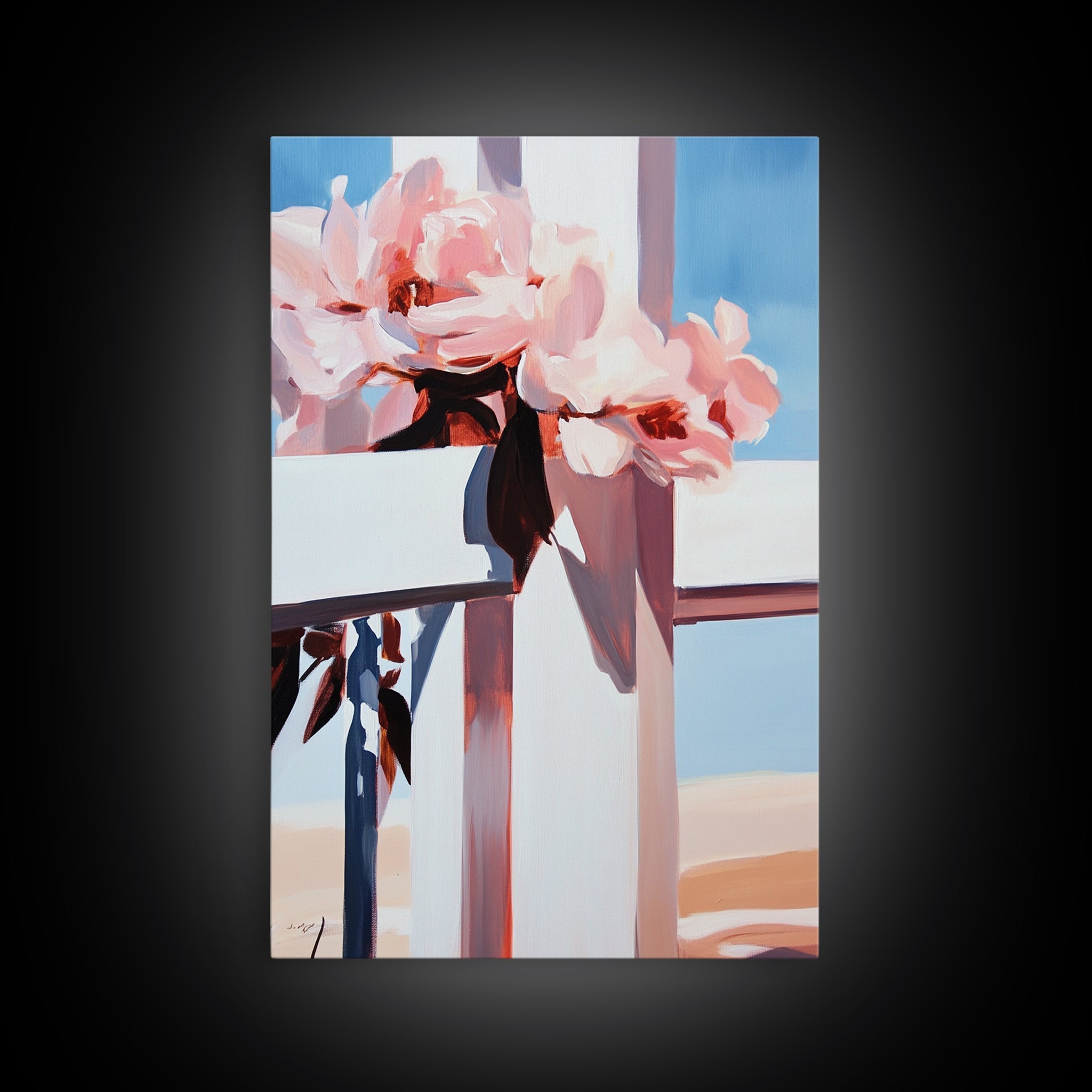 Floral peony cross abstract canvas print with bouquet, pink and blue tones, unframed