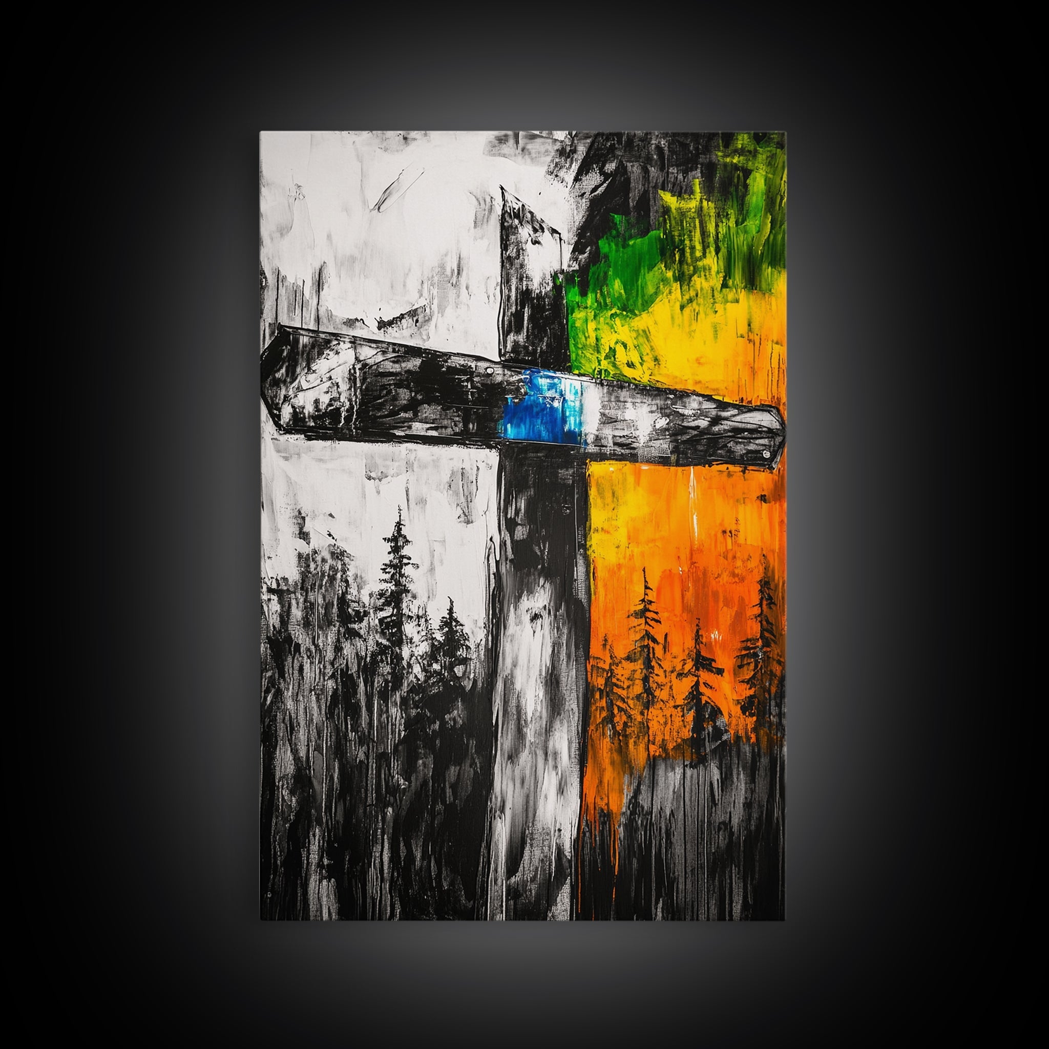 Wooden cross wall art canvas print with orange and green trees, black cross stripe and blue accents