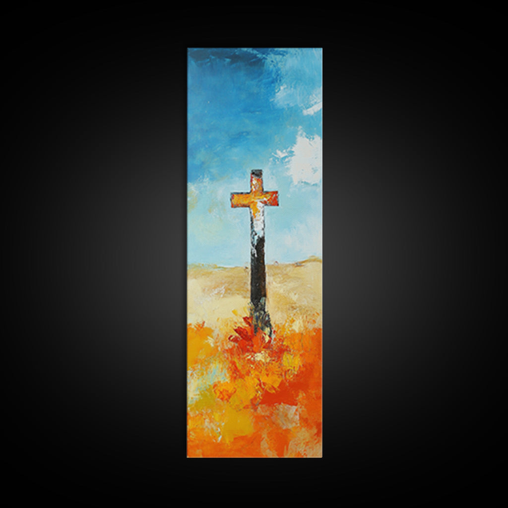 Vertical canvas wall art with blue sky, black cross, and orange flower burst