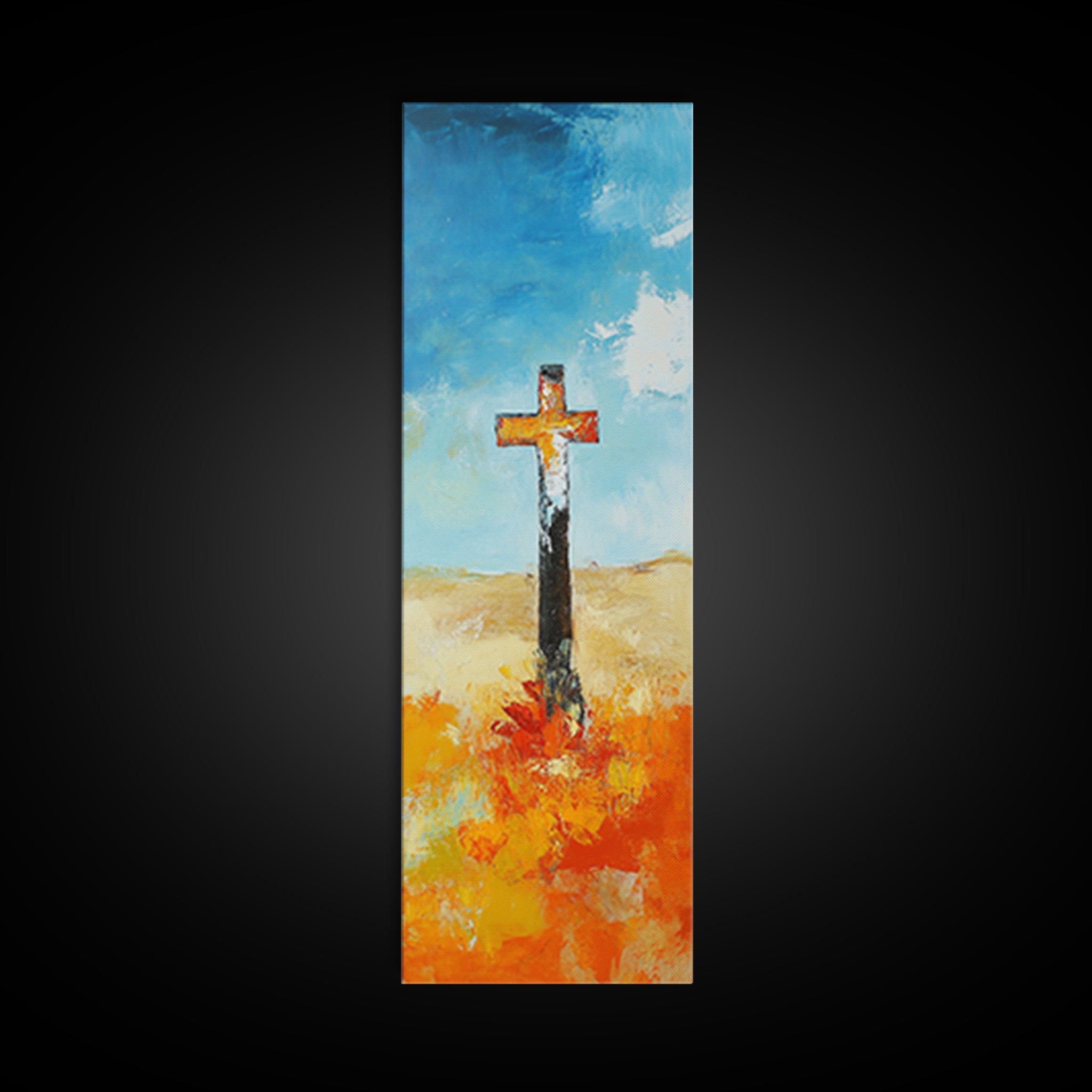 Vertical canvas wall art with blue sky, black cross, and orange flower burst