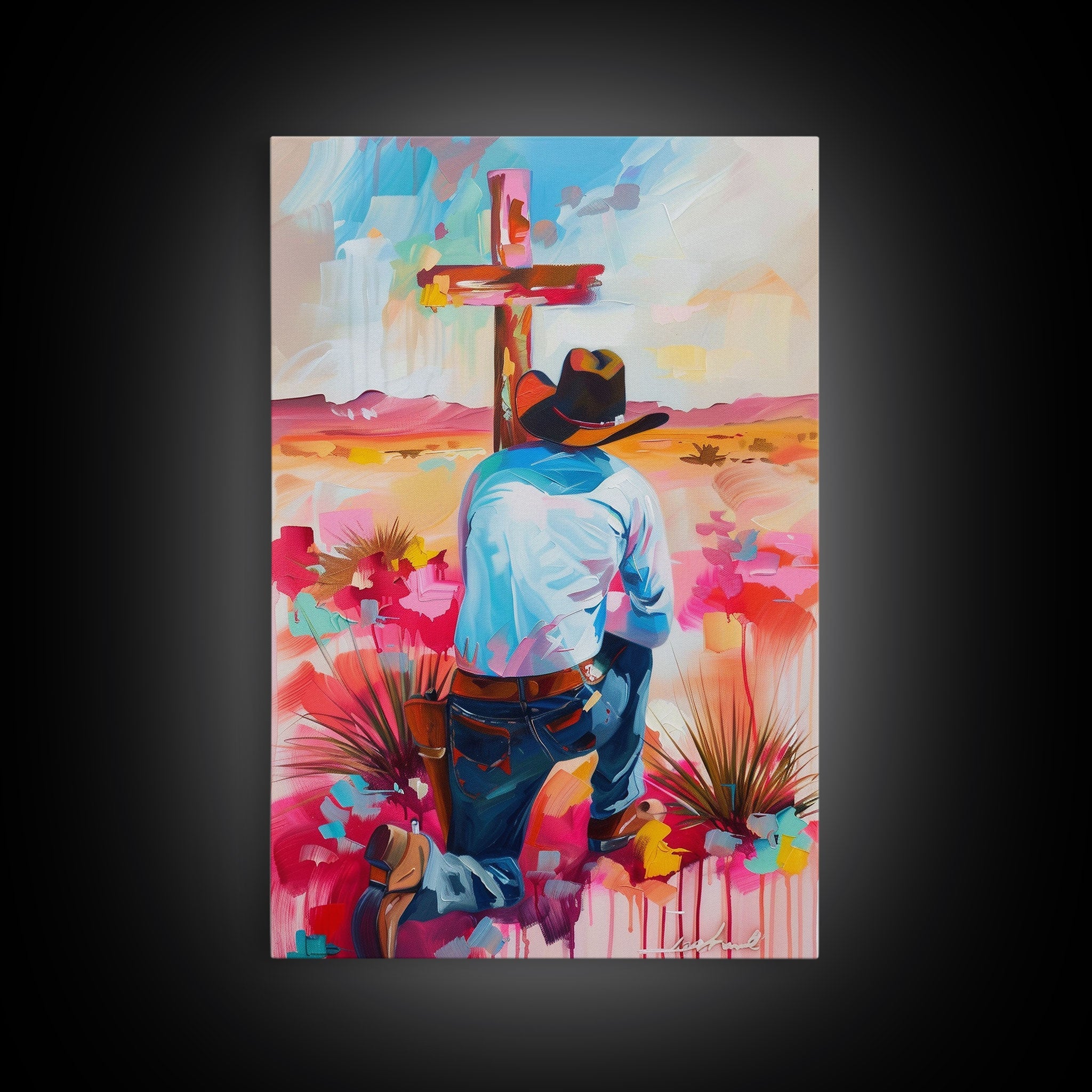 Canvas print of a cowboy praying at a red cross with colorful flowers and sky