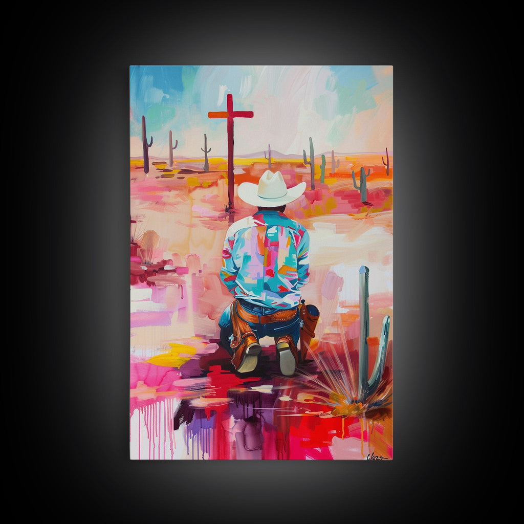 Framed canvas print of an abstract kneeling cowboy with cactus and cross, colorful Southwestern style