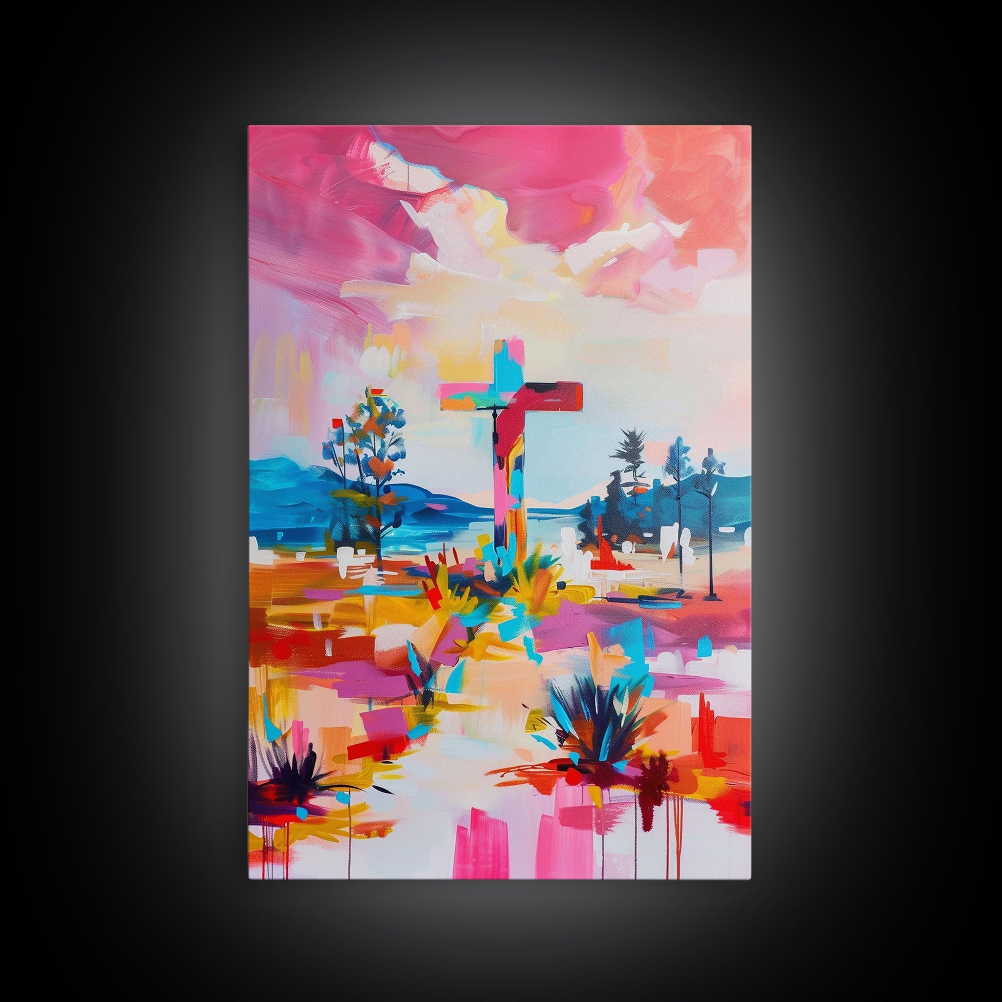 Canvas wall art with colorful cross over western landscape, vibrant abstract colors