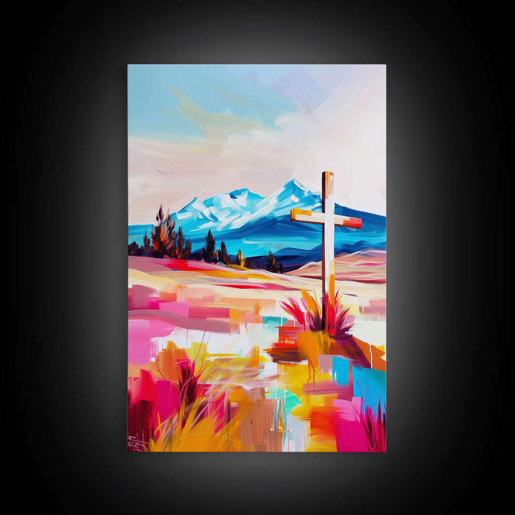 Gallery wrap canvas print with cross over bright mountain desert landscape